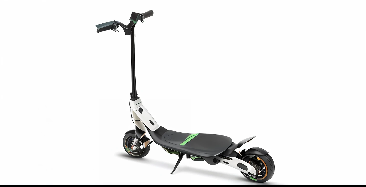 a close up of a scooter with a black seat and wheels, custom scooter, full height view, without background, extreme view angle, no background, angle view, moped, full product shot, full length view, aurora green, nomad masterpiece, alternate angle, on clear background, a wide full shot, hybrid, ultra view angle view, vibrant and dynamic