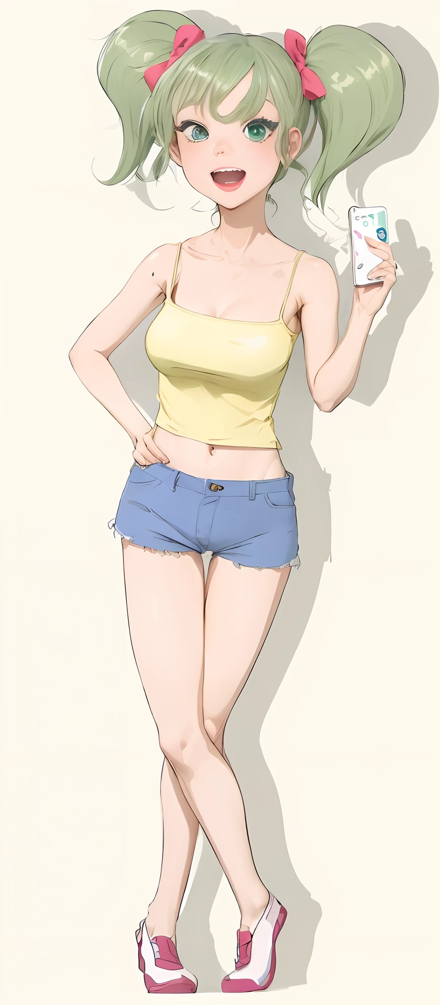 taut like a big inflated balloon、ultra gigantic tits、Super burst breasts、Super big、Big,Cartoon girl with green hair and blue shorts holding mobile phone, full body portrait of a short!, Wearing a camisole and shorts, Full body:: Sunny weather::, anime full body illustration, !!Full body portrait!!, perfectly shaded body, Wearing a tank top and shorts, portrait of a full body, wearing casual clothing, thin-waist,