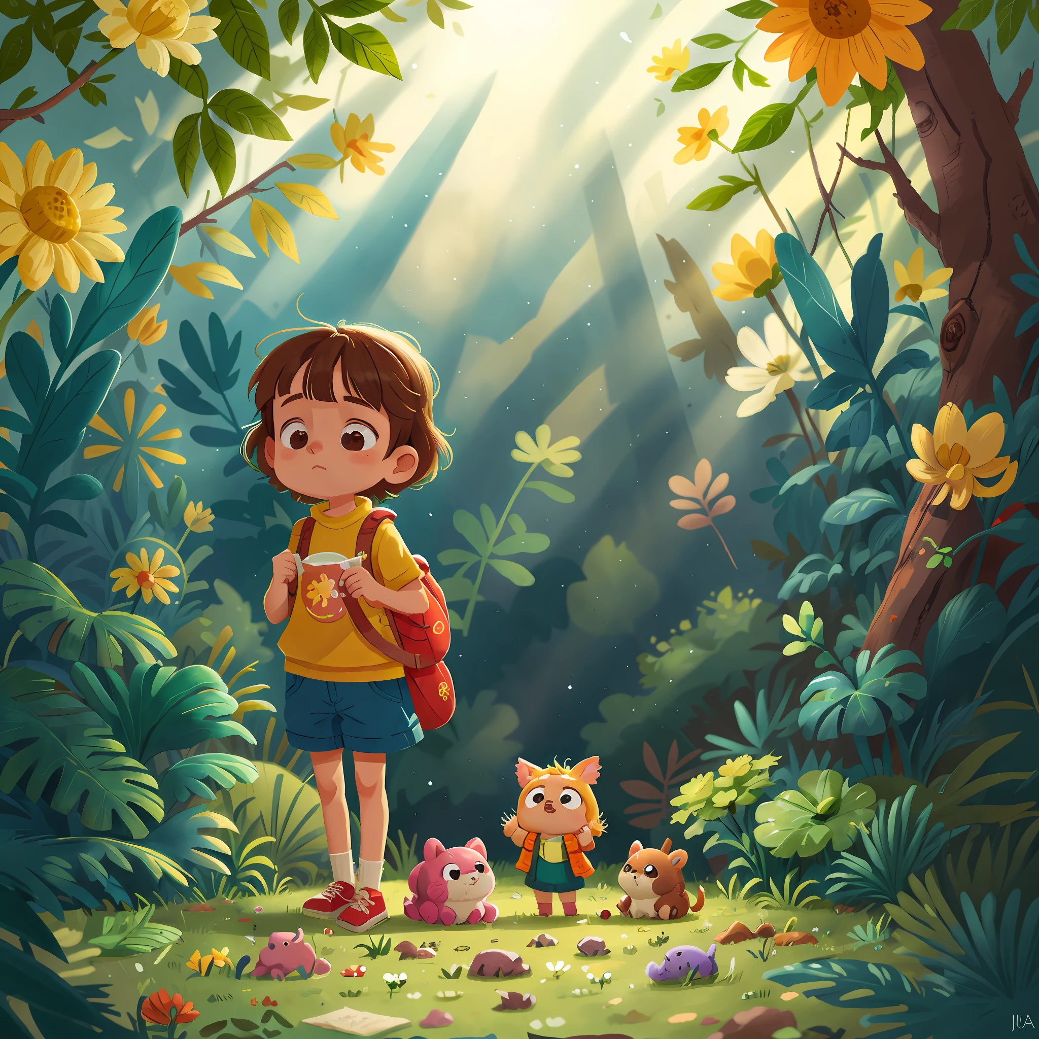 menina olhando para floresta curiosa com uma mochila nas costas e um coelho ao lado dela, (Obra-prima: 2.1) (Realista: 1.2) (Bokeh) (Melhor qualidade) (Pele detalhada: 1.3) (Detalhes intrincados) (8K) (Olhos de detalhe) (foco nítido) 2.1