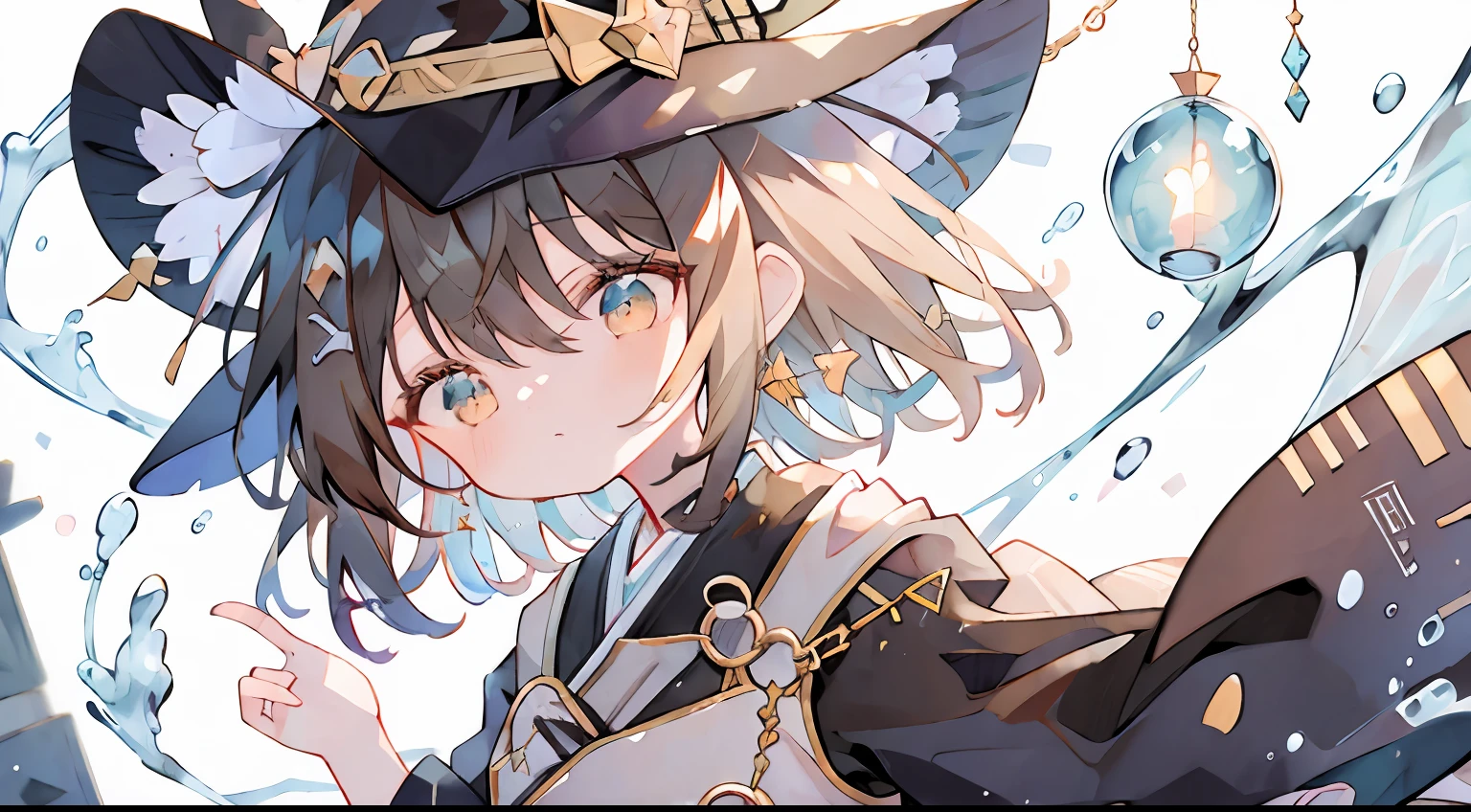 Jitome、One girl、Brown hair、Only the lateral hair is long、Short back hair、Still.、witch outfit、witch's hat、magical background、Mushy、​masterpiece、Top image quality、top-quality
