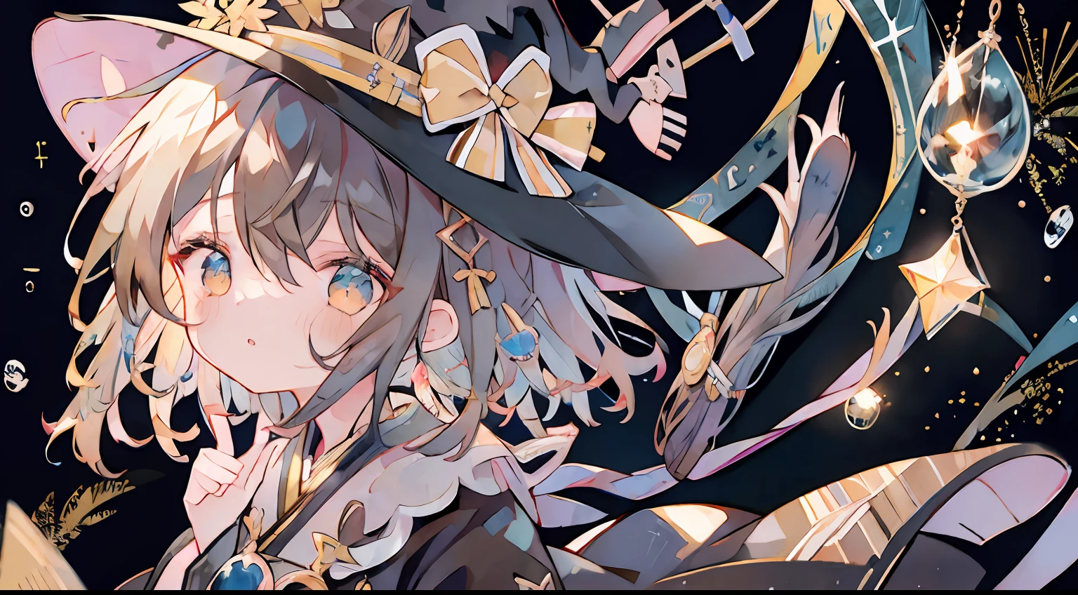 Jitome、One girl、Brown hair、Only the lateral hair is long、Short back hair、Still.、witch outfit、witch's hat、magical background、Mushy、masterpiece、Top image quality、top-quality