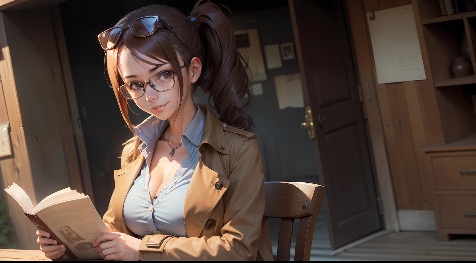 (masutepiece, Best Quality:1.2), Cowboy Shot, Solo, 1girl in, eye glass Smile, Looking at Viewer, Read the book Side Ponytail , eyewear on head, trench coat,