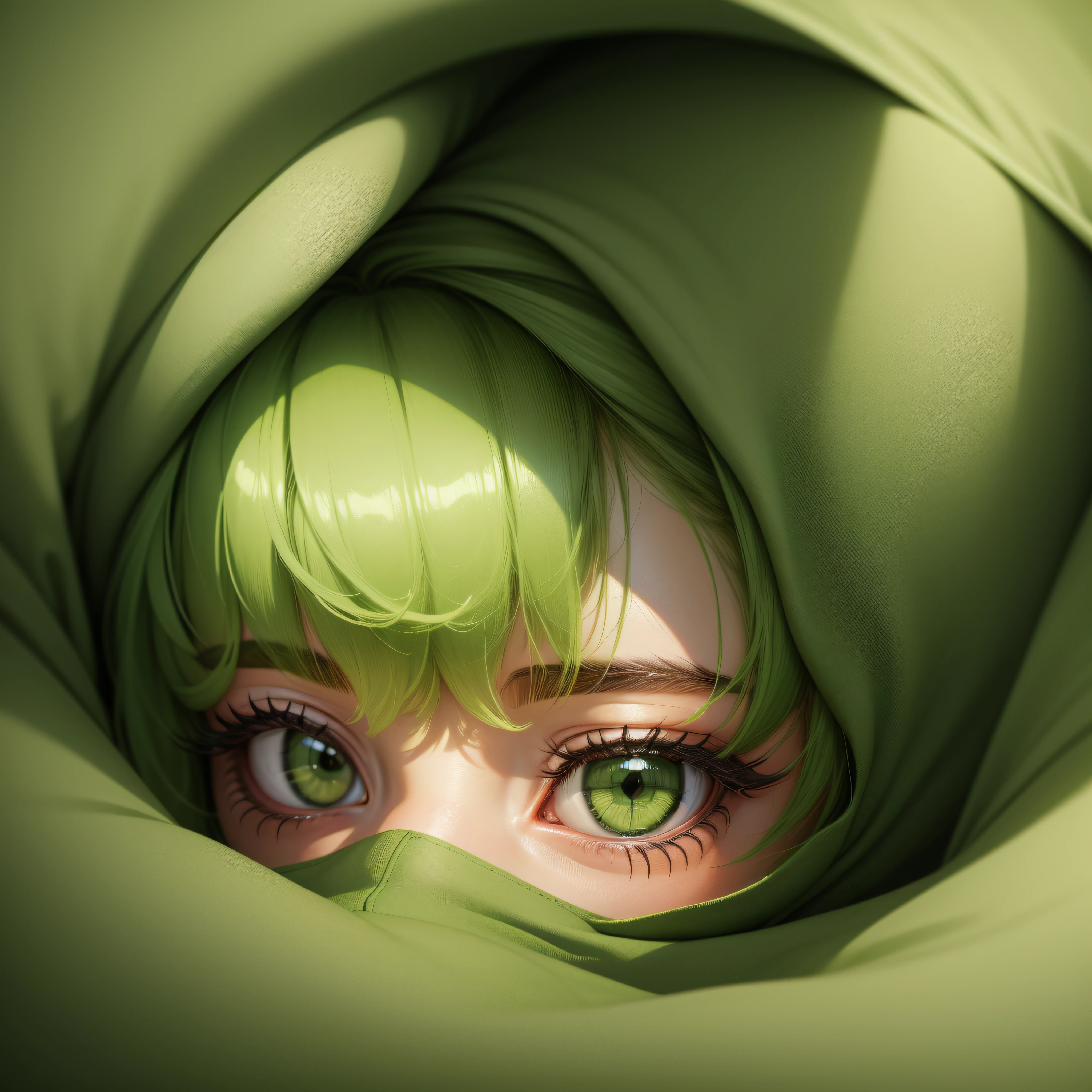 garota dormindo em uma cama com um cobertor verde, The illustration is a high-definition illustration in 4K resolution with highly detailed facial features and cartoon-style visuals.