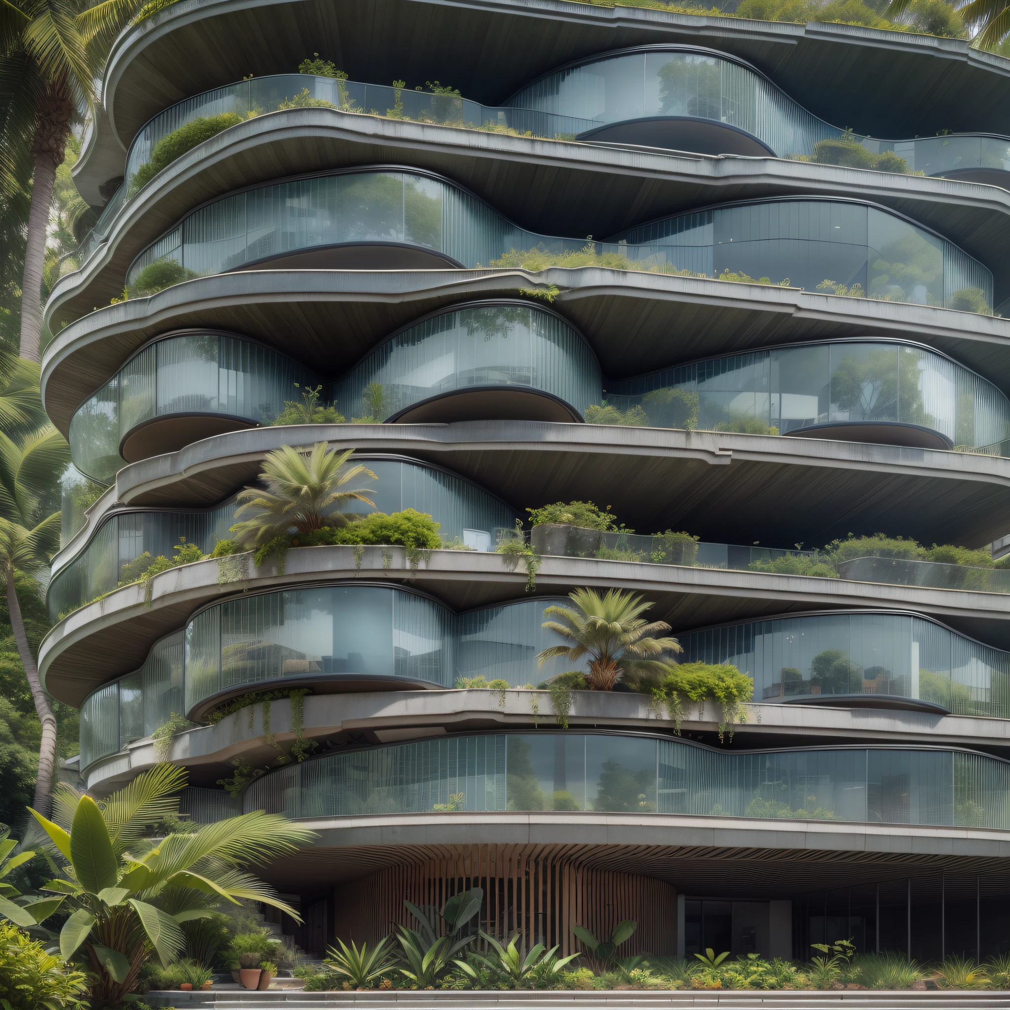 Grande hotel, Arquitetura futurista, building in the background, Architecture of a dark gray concrete building, madeira e vidro, Building with large lawn on the beach, Arquitetura moderna, grande piscina em frente ao hotel, restaurante interior com grandes fachadas em vidro, grandes candeeiros no interior, lots of vegetation around, hotel com 120 quartos, Arquitetura moderna, organic architecture, Geometria luxuosa, hiper-realista, Fantastic 8K architecture, UHD — AR 16: