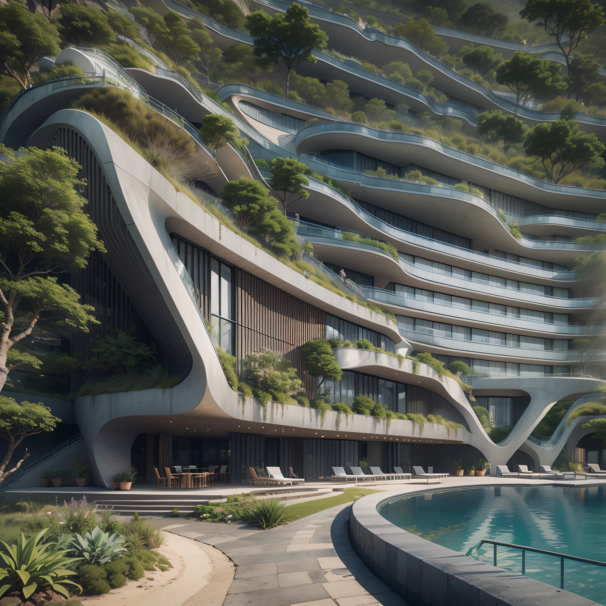 Grande hotel, Arquitetura futurista, building in the background, Architecture of a dark gray concrete building, madeira e vidro, Building with large lawn on the beach, Arquitetura moderna, grande piscina em frente ao hotel, restaurante interior com grandes fachadas em vidro, grandes candeeiros no interior, lots of vegetation around, hotel  com 120 quartos, Arquitetura moderna, organic architecture, Geometria luxuosa, hiper-realista, Fantastic 8K architecture, UHD — AR 16: