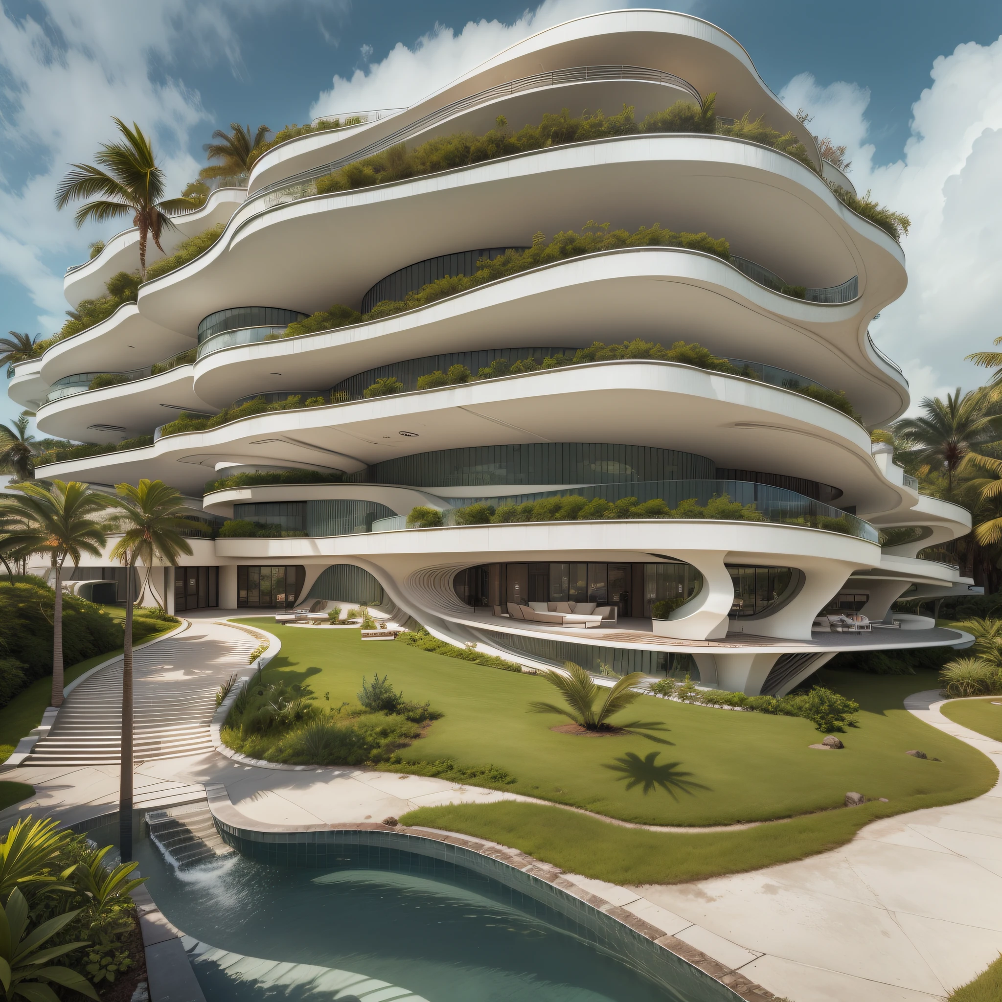 Grande hotel, Arquitetura futurista, building in the background, Architecture of a white concrete building,  madeira e vidro, Building with large lawn on the beach, Arquitetura moderna, grande piscina em frente ao hotel, restaurante interior com grandes fachadas em vidro, grandes candeeiros no interior, lots of vegetation around, hotel  com 120 quartos, Arquitetura moderna, organic architecture, Geometria luxuosa, hiper-realista, Fantastic 8K architecture, UHD — AR 16: