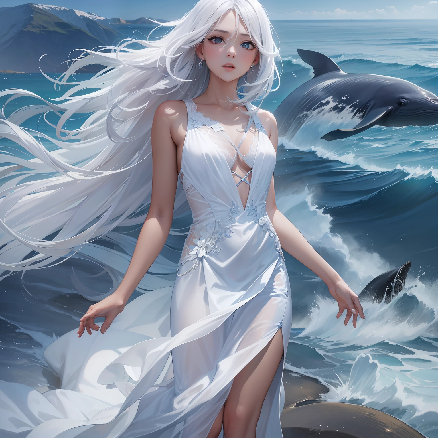 1 girl，frontage，long layered silvery white hair，with a touch of blue，Short white dress，high-heels，standing on the sea side，Whales leap out of the sea，8K quality，A detailed，High value