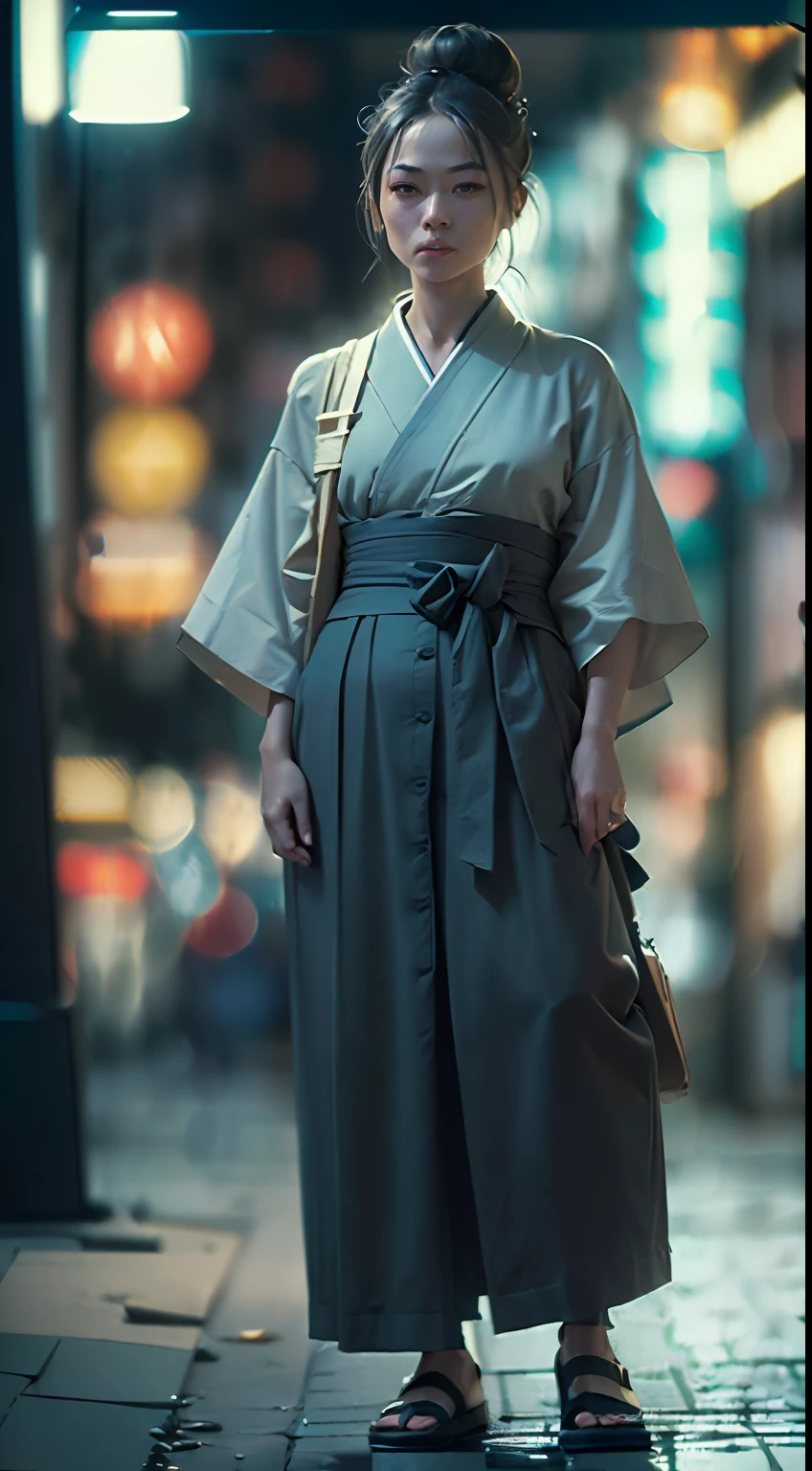 (
(Character: one chinese woman, 40 years old, high bun in the hair, small smile)
(Clothing: gray hakama pants and flat shoes)
(Pose: full body shot:1.7)
(Posing against a city street at night)
(Abstract colors, texture, film grain, analog style, cinematic movie still frame, gray color scheme)
(Style: ((masterpiece:1.5)), (face detailed), photo-realistic:1.3, hyperrealistic, film grain, realistic lighting, backlighting:1.3)
)
