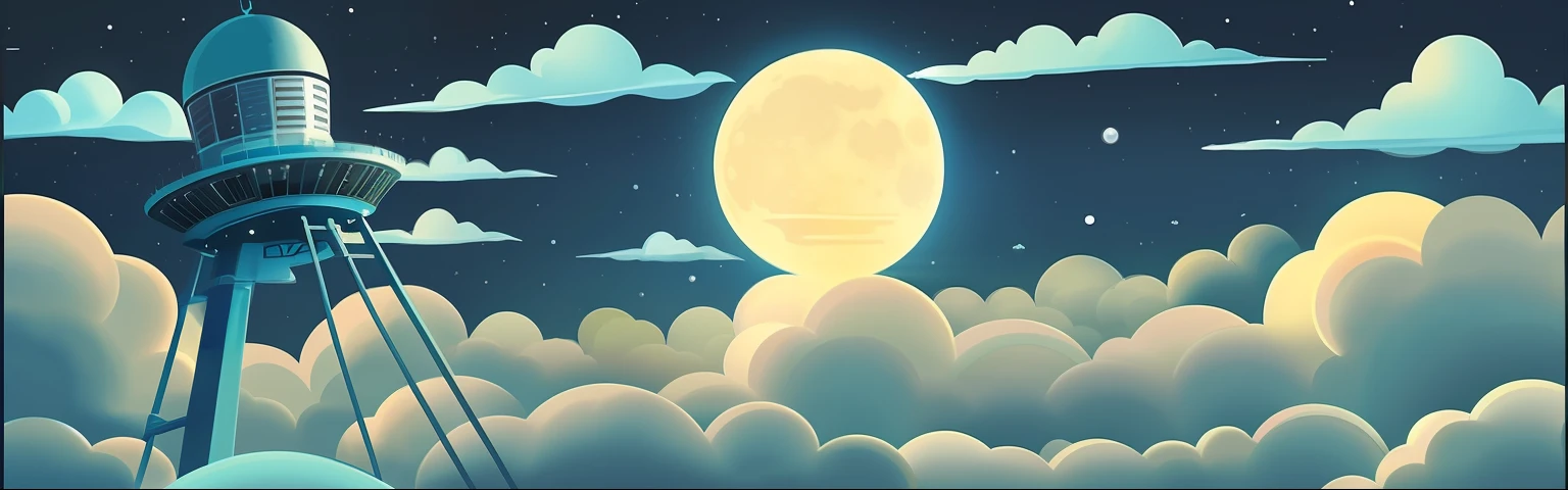 There is a cartoon image of a space station in the sky, fundo da lua cheia, fundo da lua, illustration, lua cheia nas nuvens, fundo nuvens ao luar, ilustrador olho de peixe luz da lua, atmospheric full moon, lua grande cheia, noite nublada, lua cheia grande, fundo do luar, illustartion, moon on the sky, grande lua brilhante, moon on the sky
