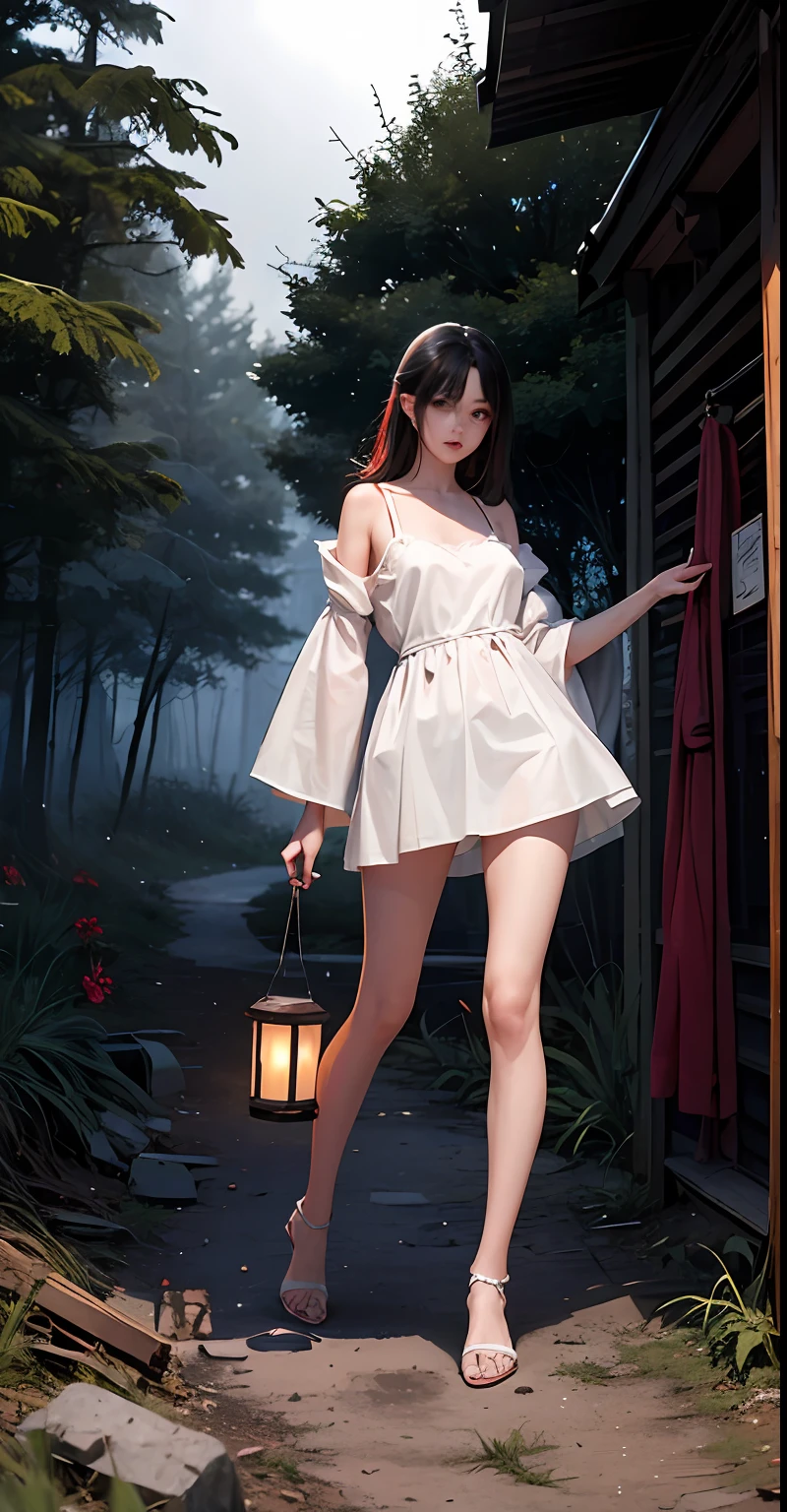 a beauty girl、red eyes、full body Esbian、Dirty body、White camisole、bare-legged、horor、Broken old hut、Skysky、Foggy、fumo、dark forest、shadowy creatures、masterpiece、超A high resolution、hightquality、lighting like a movie
