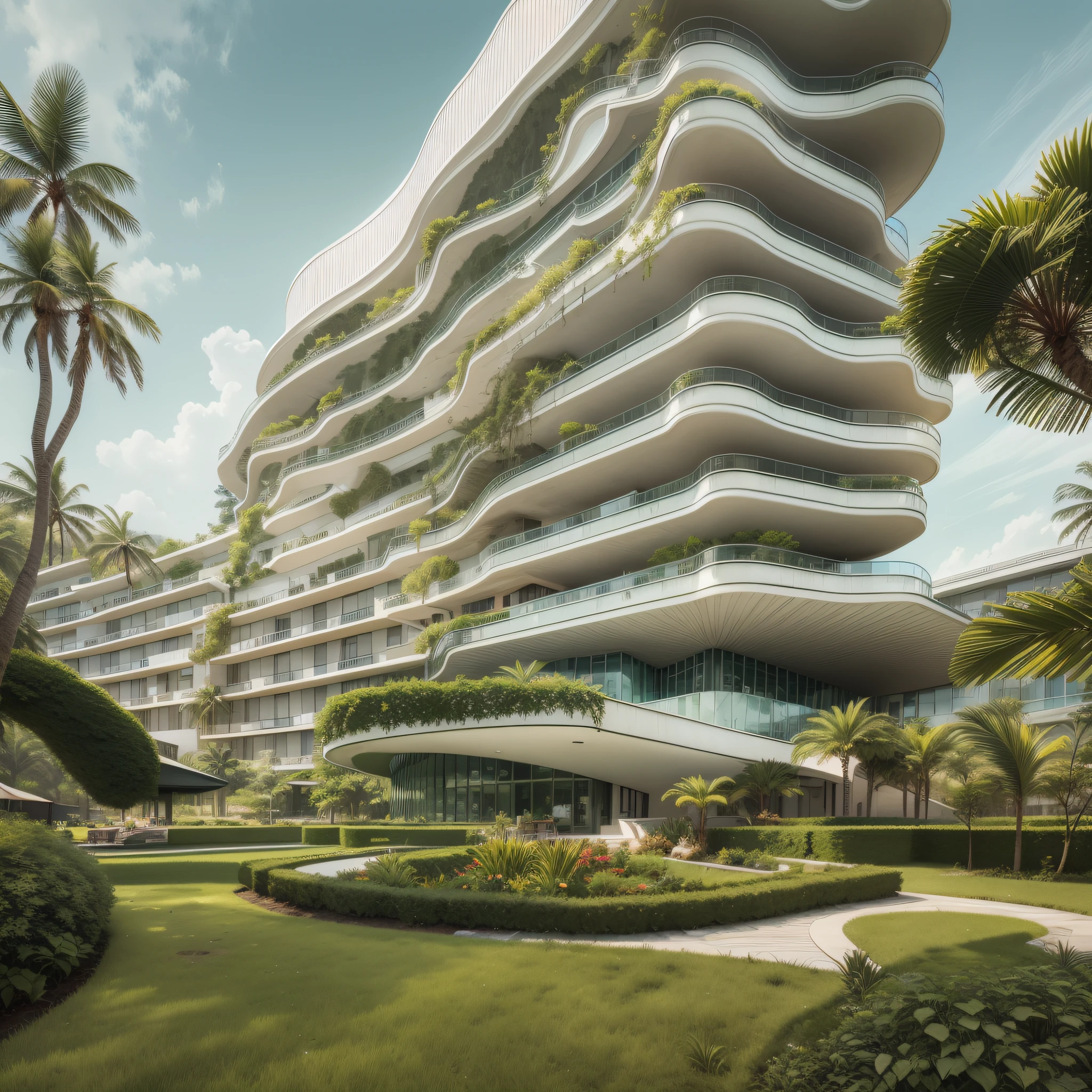 Grande hotel, Arquitetura futurista, building in the background, Architecture of a white concrete building, madeira e vidro, Building with large lawn on the beach, Arquitetura moderna, grande piscina em frente ao hotel, restaurante interior com grandes fachadas em vidro, grandes candeeiros no interior, lots of vegetation around, hotel com 120 quartos, Arquitetura moderna, organic architecture, Geometria luxuosa, hiper-realista, Fantastic 8K architecture, UHD — AR 16: