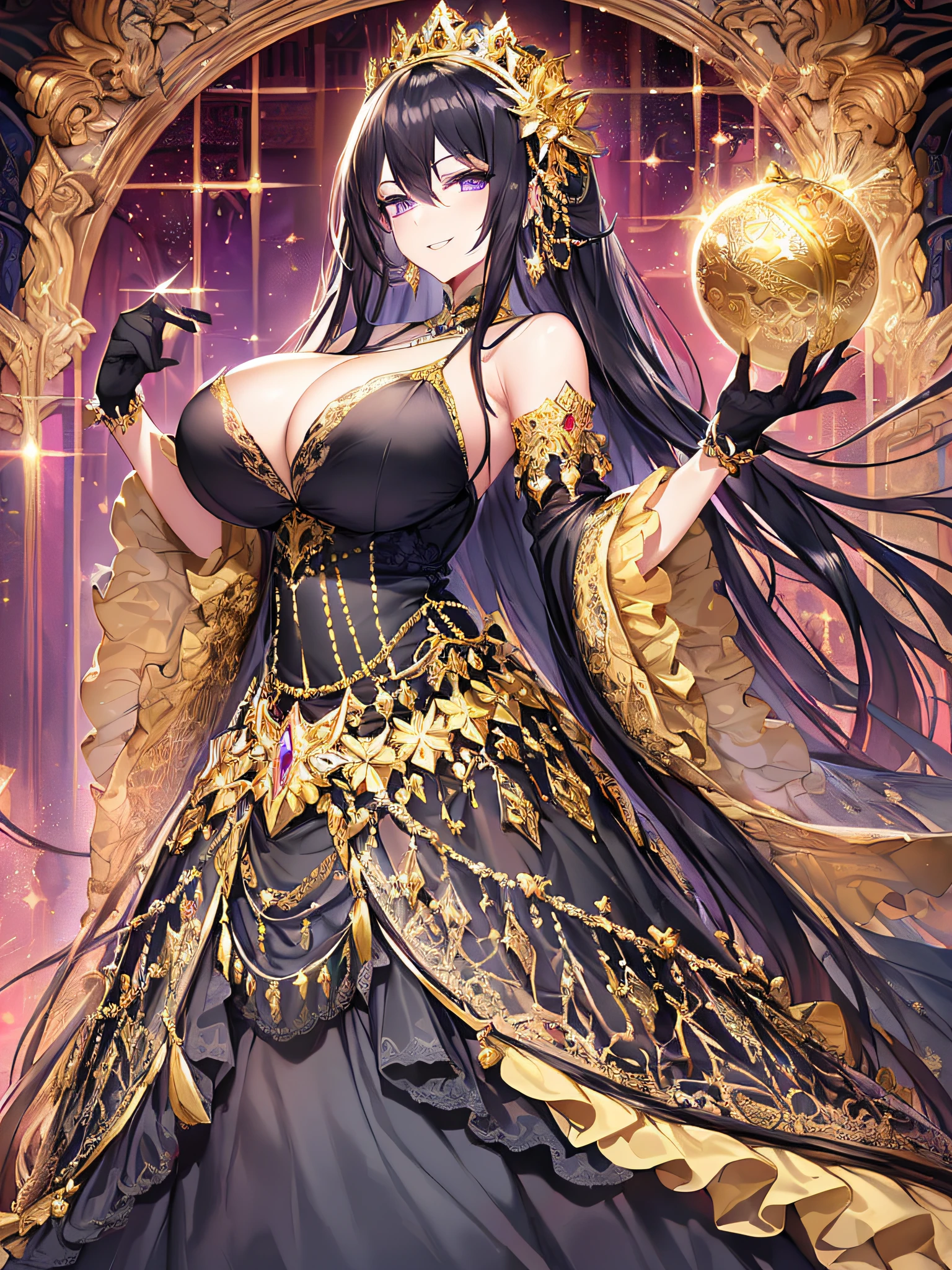 ((anime artstyle)),(Masterpiece),(Best Quality), (Super Detail),((Very Delicate and Beautiful)),((Solo)),((full body)),((one arrogant queen in glitter jeweled black and gold gorgeousfull ball gown with voluminous fluffy skirt)),((BlingBling)),((arrogant)),(((haughty smile))),(Purple eyes),Sharp eyes,detailed face and eyes,jewel-like eyes,((Very Long voluminous black Hair)),Straight Hair,((Bangs between eyes)),((gorgeousfull embroidery and lace)),gorgeous corsage,See-through,gorgeousfull hair ornament,gorgeousfull glitter jeweled tiara,ornate ruffles,((gigantic breasts,Long breasts)),skindentation,((full body)),((hoop skirt,crinoline)),gorgeousfull jewelry ornaments,Dynamic Angle,Looking at viewer,royal gorgeous palace,(((gorgeous embroidery and glitter jeweled black and gold gorgeousfull ball gown with voluminous fluffy skirt))),(full body)