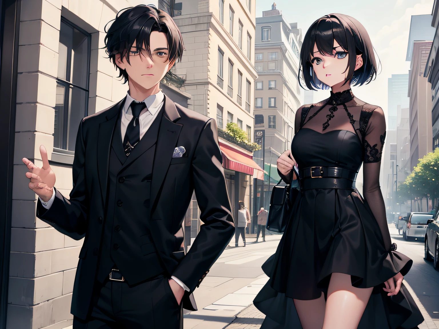 {{{A boy with short hair in a black suit}}}{{Street side}}}{{Short hair and handsome}}{{{The bridge of the nose is high}}}{Beautiful temperament}}}{{{A girl with long black hair in a black dress}}}{{{The figure is moving}}}{{{a young man and a woman}}}The girl looked at the boy's back as he drifted away