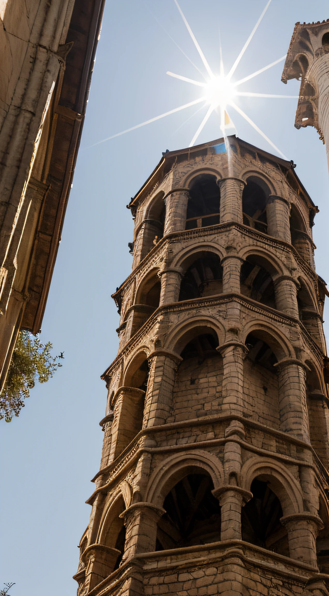 close up depiction of an eighth century medieval romanesque tower, octagonal, exterior, medieval romanesque architecture, in a big medieval city, (backlighting), realistic, masterpiece, highest quality, lens flare, shade, bloom, [[chromatic aberration]], by Jeremy Lipking, by Antonio J. Manzanedo, digital painting