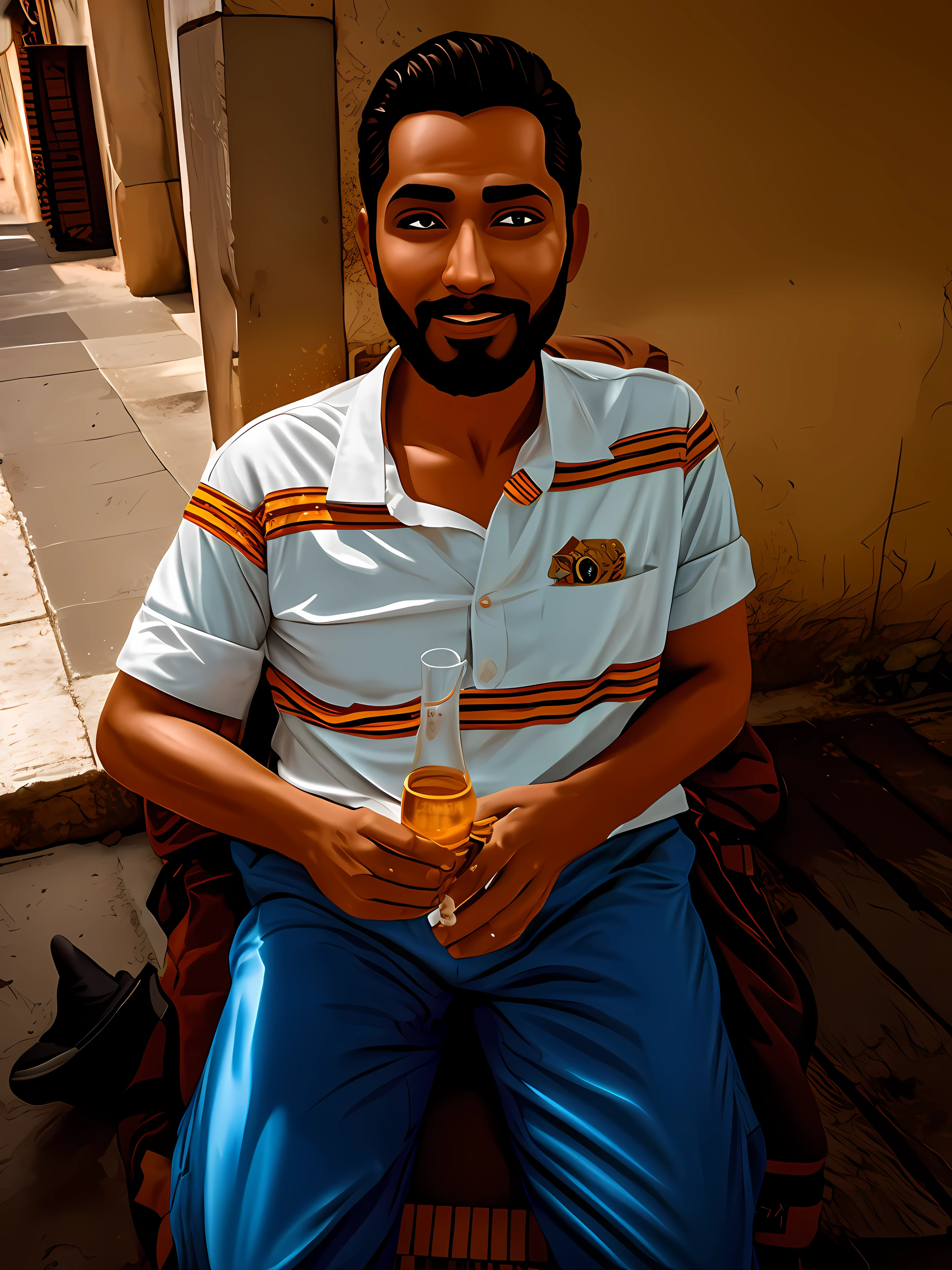 homem sem barba alegre sorrindo sentado em uma cadeira segurando uma garrafa de cerveja com oculos preto, anime, realistic animation style