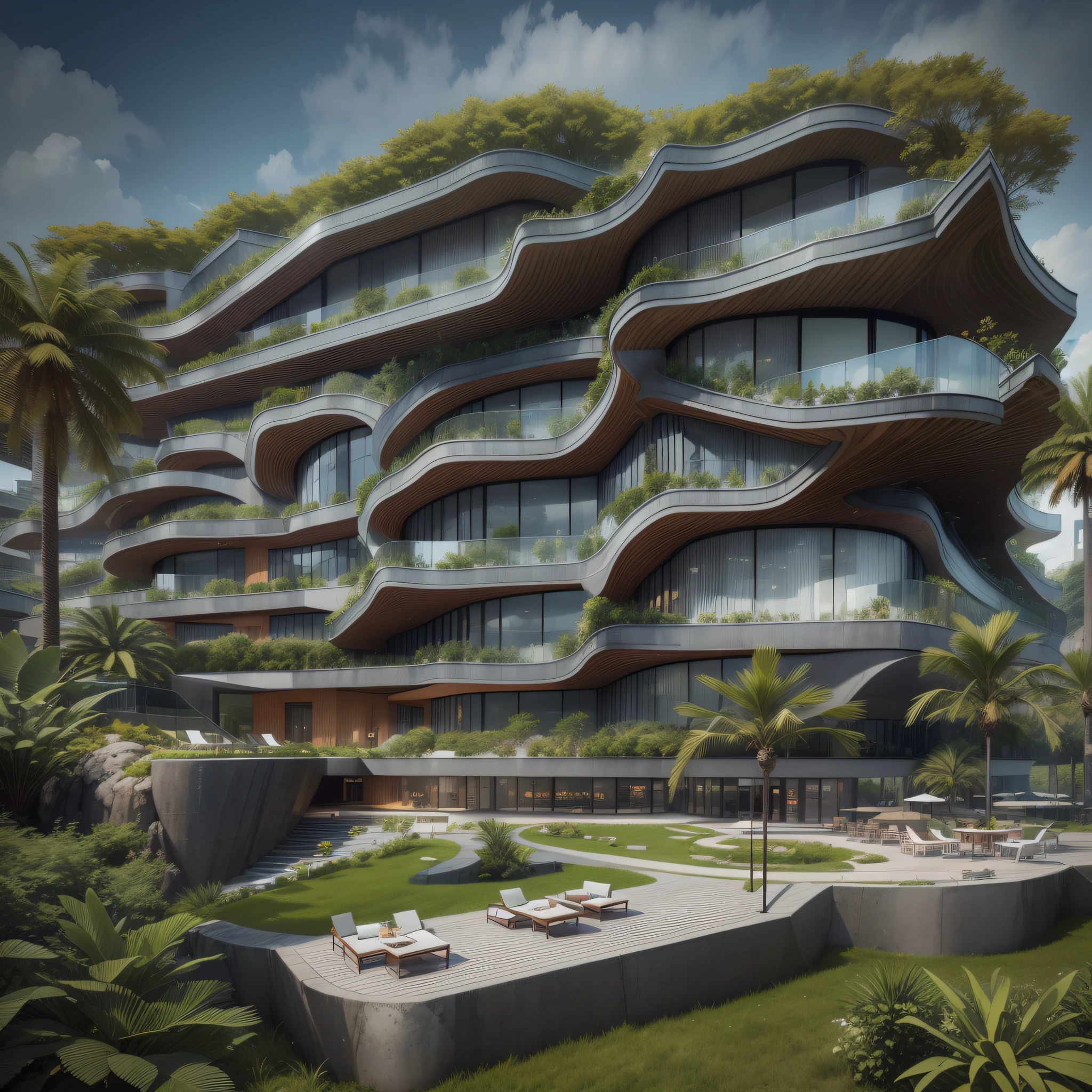 Grande hotel, Arquitetura futurista, building in the background, Architecture of a dark gray concrete building, madeira e vidro, Building with large lawn on the beach, Arquitetura moderna, grande piscina em frente ao hotel, restaurante interior com grandes fachadas em vidro, grandes candeeiros no interior, lots of vegetation around, hotel  com 120 quartos, Arquitetura moderna, organic architecture, Geometria luxuosa, hiper-realista, Fantastic 8K architecture, UHD — AR 16: