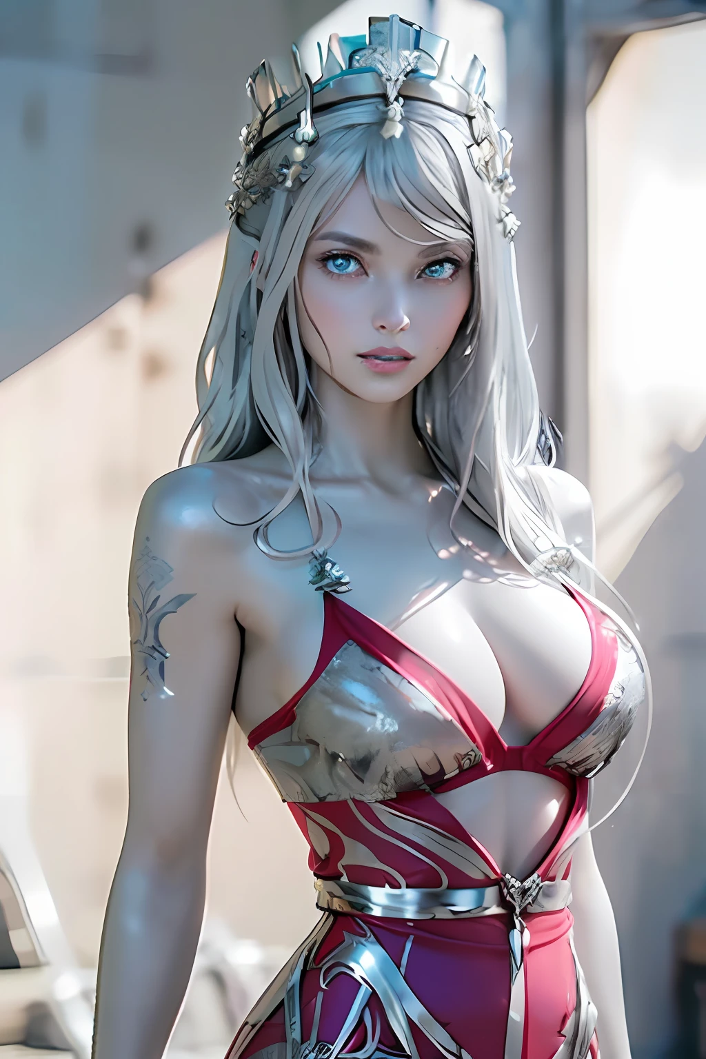 Ultra-detailed complex 3D rendering of the face, (masterpiece, top quality, octane rendering,), glamour shots full body image, very beautiful young elves, cleavage, (highly detailed skin: 1.2), (exposure: 1.1), ((blue micro bikini: 1.95)))). , 8k, (((very soft breasts)), (((conspicuous large pink areola)), beautiful Caucasian woman with white skin with full soft breasts with big buttocks, one, long braided hair, big breasts, dynamic angles, (((huge breasts: 2.4)), ultra-realistic photos, ((((((silver hair)))), futuristic urban background, facial muscles, (((((detailed and glamorous silver crown)))), In the style of Marvel Comics, ArtStation Trends, Clear Focus, Intricate Details, Very Detailed, Detailed Green Eyes, Sharp Focus, Digital Rendering, Professional, Abs, Lip Gloss, Glossy Skin, Sexy Pose, Golden Tattoo All Over Body, Silver Pattern All Over Body, Silver Lame Skin, Gold Glitter Skin, Mansuji, Buttocks, Jeweled All Over the Body, with silver scales, silver hair,