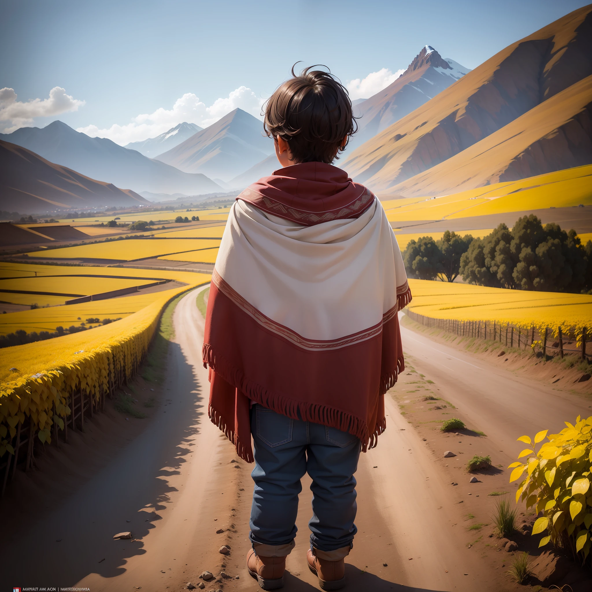 A 7-year-old country boy from Upper Peru standing, Desde los Andes, agricultor , view from back, Cold weather, ropa tradicional antigua andina humilde y ajada