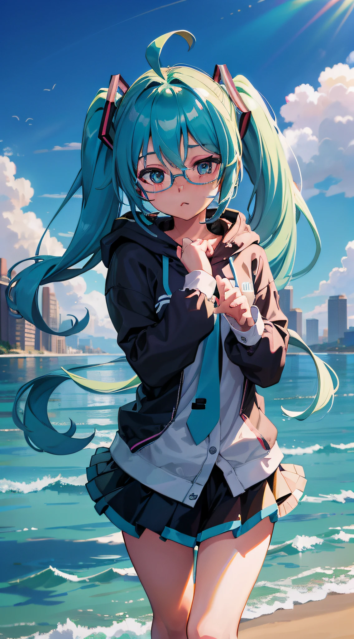 1 girl, looking at viewer, frills, light leaks, detailed light, beautiful detailed glow, best quality, best shadow, extremely detailed CG, cityscape, original, ahoge, twintails, blue hair, wearing hoodie, wearing uwabaki, wearing glasses, student, nose blush, walk, hand on own chest, adorable girl, in the ocean, ultra-detailed, beautiful detailed eyes, absurdres, hatsune miku
