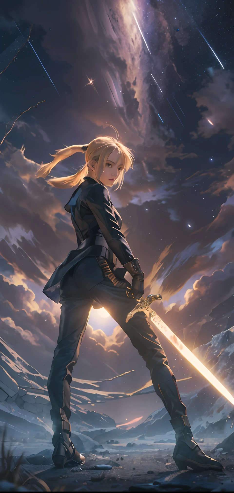((masterpiece:1.2, best quality)), realistic, 1girl, solo, blood, male focus, looking at viewer, artoria pendragon \(fate\), black (((suit))), black (((pant suit))), (((ponytail))), (((black gloves))), aurora, night, stars (sky), sky, night sky, starry sky, holding Magic Sword, Dark Clouds, Night, model shot, (Impressionism: 1.4), (Tarot: 1.3), Alphonse Mucha, BREAK