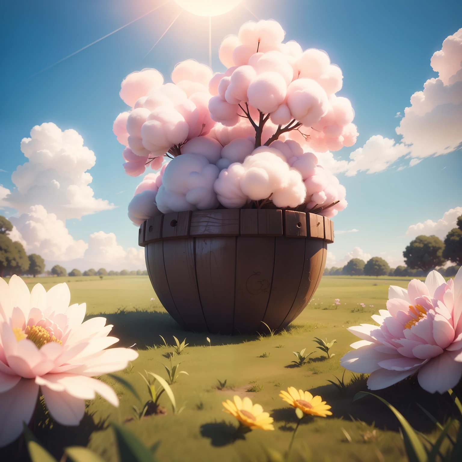 beautiful sky，baiyun，cotton candy，a grassy field，Bright flowers in full bloom，and the sun was shining brightly，k hd，4K，Gorgeous，3 d desenho animado，tmasterpiece，top Quority，Artistic sense。