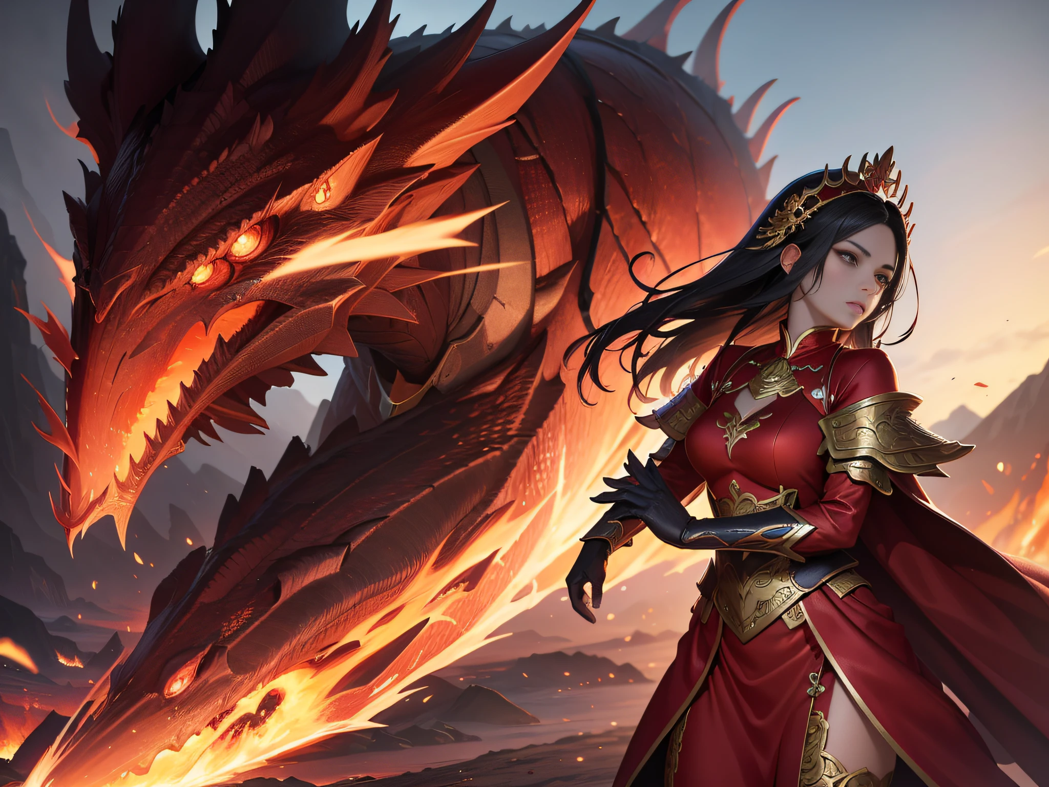 Close-up of a woman in a red dress,volcano background,Fight with fire dragons,Headdress feathers,epic exquisite character art,detailed fantasy art,2.5D CGI anime fantasy artwork,stunning character art,Light red armor,detailed fantasy digital art,highly detailed fantasy art,by Yang J,4K fantasy art,On Artstation, for Pan Chengwei,Wear ethereal armor