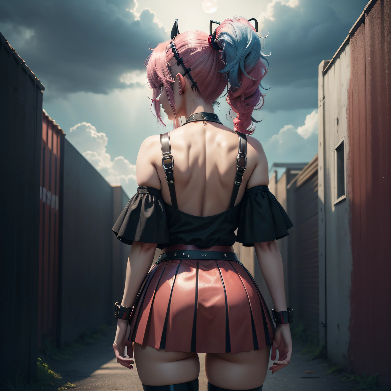 back view , looking at viewer, color full, anime poses, Harley Quinn, Harley Quinn outfit, lots of hair, curly long pink and blue hair, short red and black skirt , wearing short red and black butt short , dark moody, painting wall back ground, dark moody, cloudy sky, full of moon in sky Realistic, beautiful, natural lightning, 8k, illustrator, masterpiece, high quality, 8k, high resolution, high detailed, high detailed body