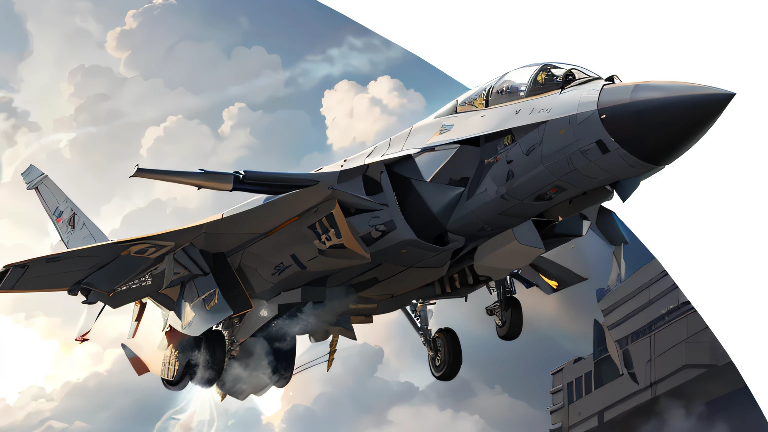 There is a jet flying in the sky,Smoke comes out of it, valkyrie fighter jet, 5th gen fighter, lockheed concept art, jet fighter background, fighter jets, Jet fighter, acecombat, Tomcat, Raptor Bumblebee Falcon, portrait of figther jet evading, highly realistic concept art, High quality digital concept art, fighter jet in flight --auto