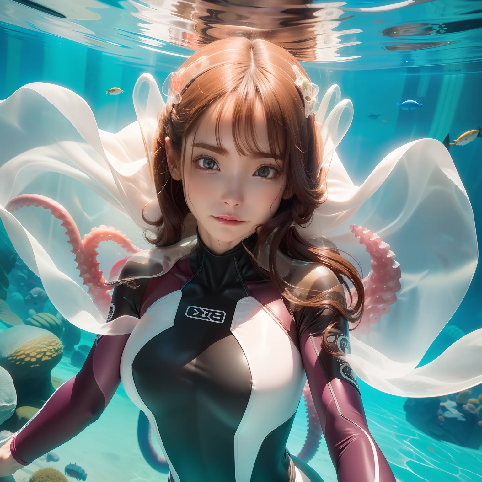 Under the water,Girl in transparent wetsuit,Oxygen cylinder in hand,The chest is large,Raised ,The transparent tentacles cling to the breast,Transparent tentacles stick out from the clothes,White tentacles reach behind you