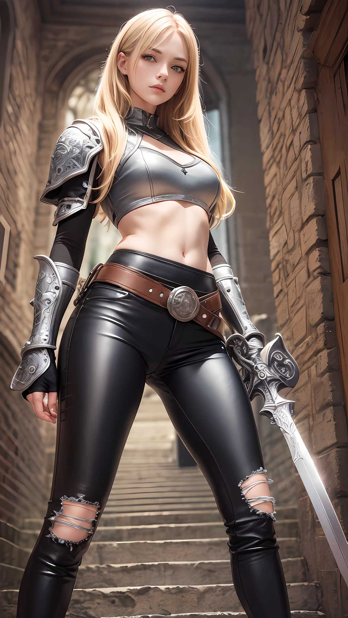 A European girl, Solo, Blonde, Tanned skin, Indifferent blue eyes, Thin face, ripped body, wearing leather armor, leather legging pants, Noon Shoes, Carry a sword around your waist，Two pistols on his back, medival, fantasy knight, Realistic shadows, High quality, 4k ultra detailed, 8K, high resolution, Sharp focus, Depth of field, Faded, (com cores neutras:1.2), (hdr:1.4), (pastel colour:1.2), ultra - detailed, (art  stations:1.4), Cinematic, warm lights, Dramaticlight, (Intricate details:1.1), the complex background, (rootkowski:0.66), (Teal and orange:0.4)"