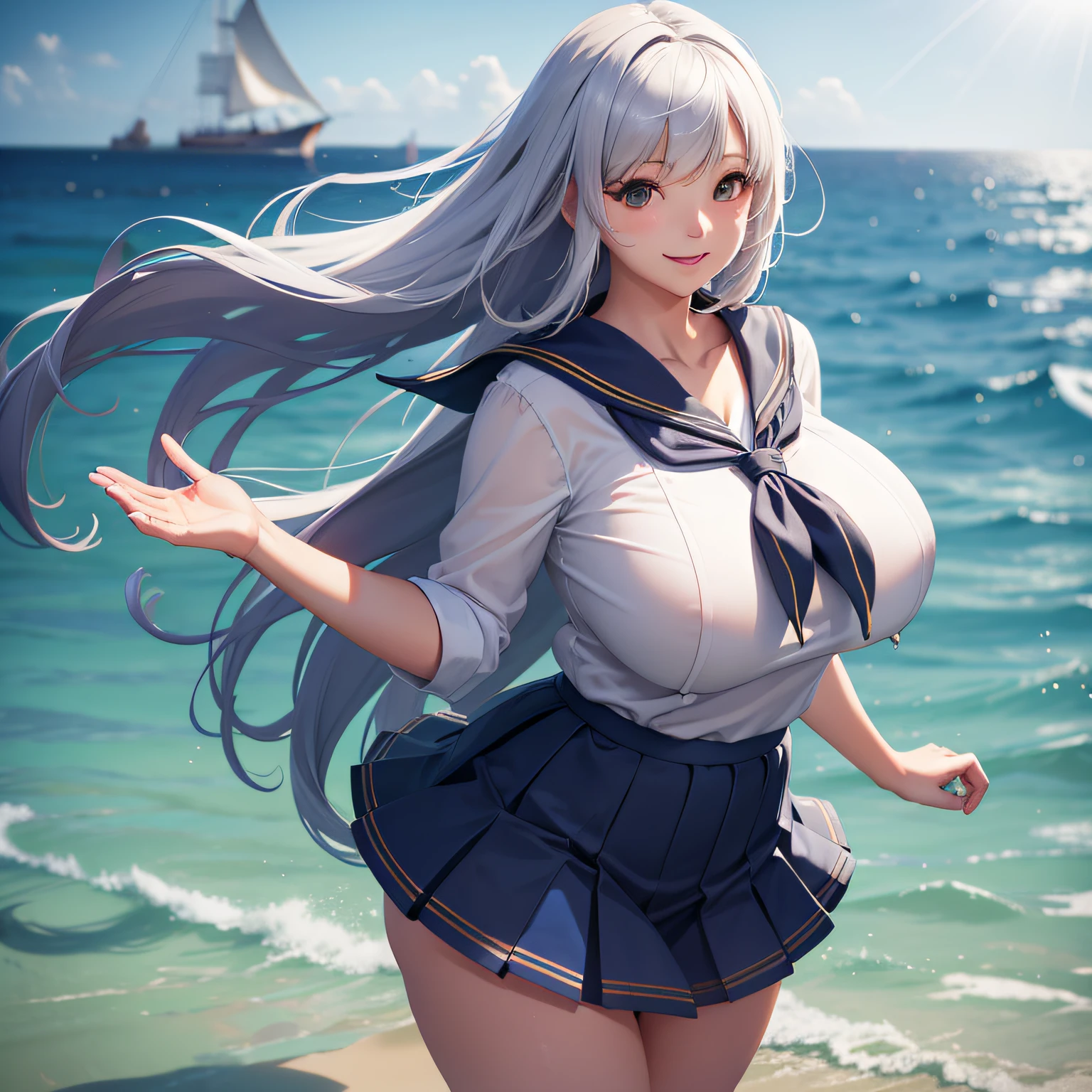 Mare、huge tit、Big ass、a smile、Longhaire、sunlights、a sailor suit、Dark blue skirt、hi-school girl、skin tanned、((super realistic details))、portlate、globalillumination、Shadow、octan render、8K、ultrasharp、Realistic light