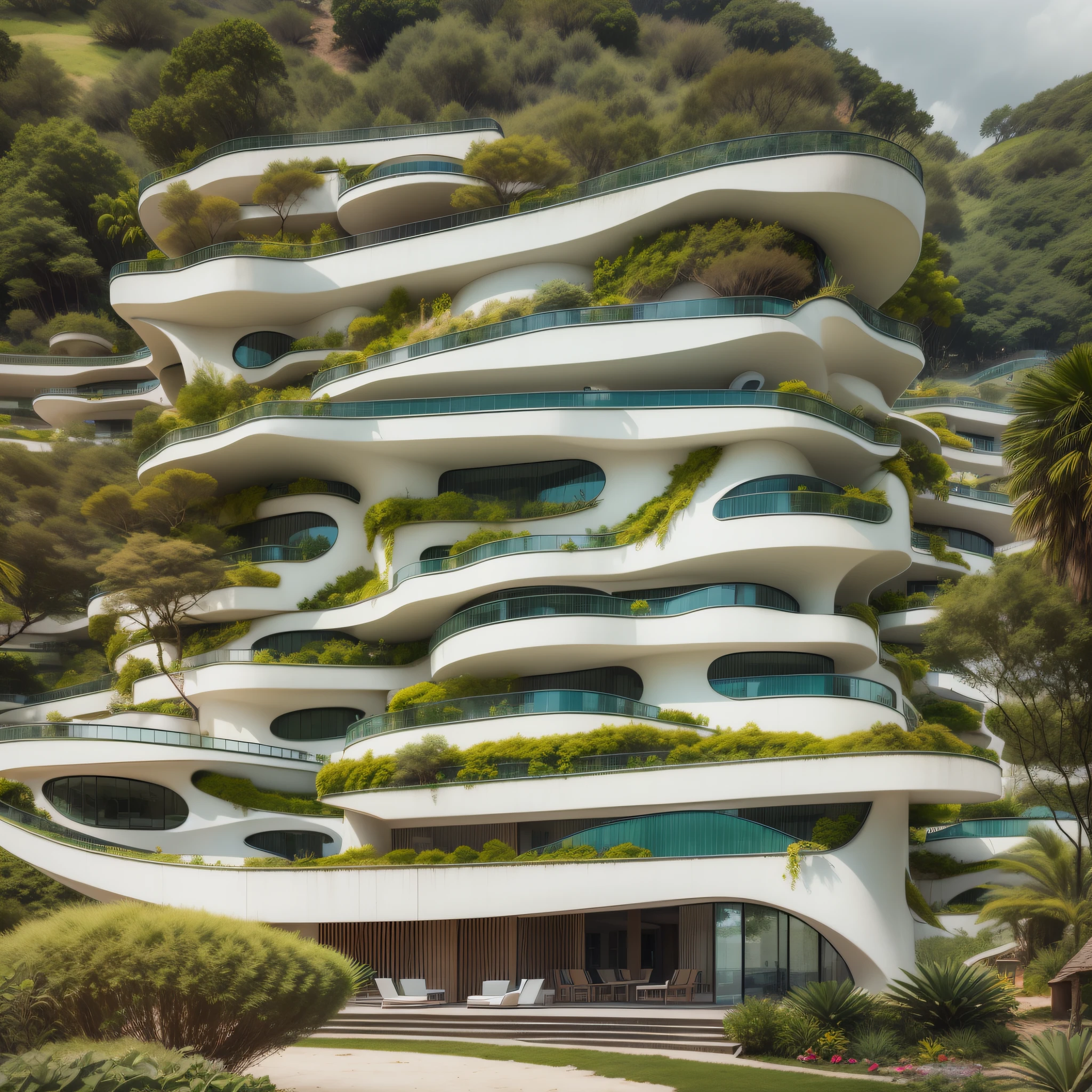 Grande hotel, Arquitetura futurista, building in the background, Architecture of a white concrete building,  madeira e vidro, Building with large lawn on the beach, Arquitetura moderna, grande piscina em frente ao hotel, restaurante interior com grandes fachadas em vidro, grandes candeeiros no interior, lots of vegetation around, hotel  com 120 quartos, Arquitetura moderna, organic architecture, Geometria luxuosa, hiper-realista, Fantastic 8K architecture, UHD — AR 16: