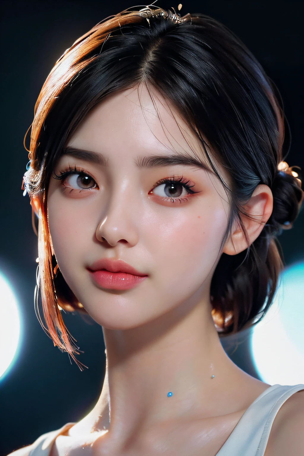 (8k, RAW photo, photorealistic:1.25) ,( lipgloss, eyelashes, gloss-face, glossy skin, best quality, ultra highres, depth of field, chromatic aberration, caustics, Broad lighting, natural shading,Kpop idol) looking at viewer with a serene and goddess-like happiness,