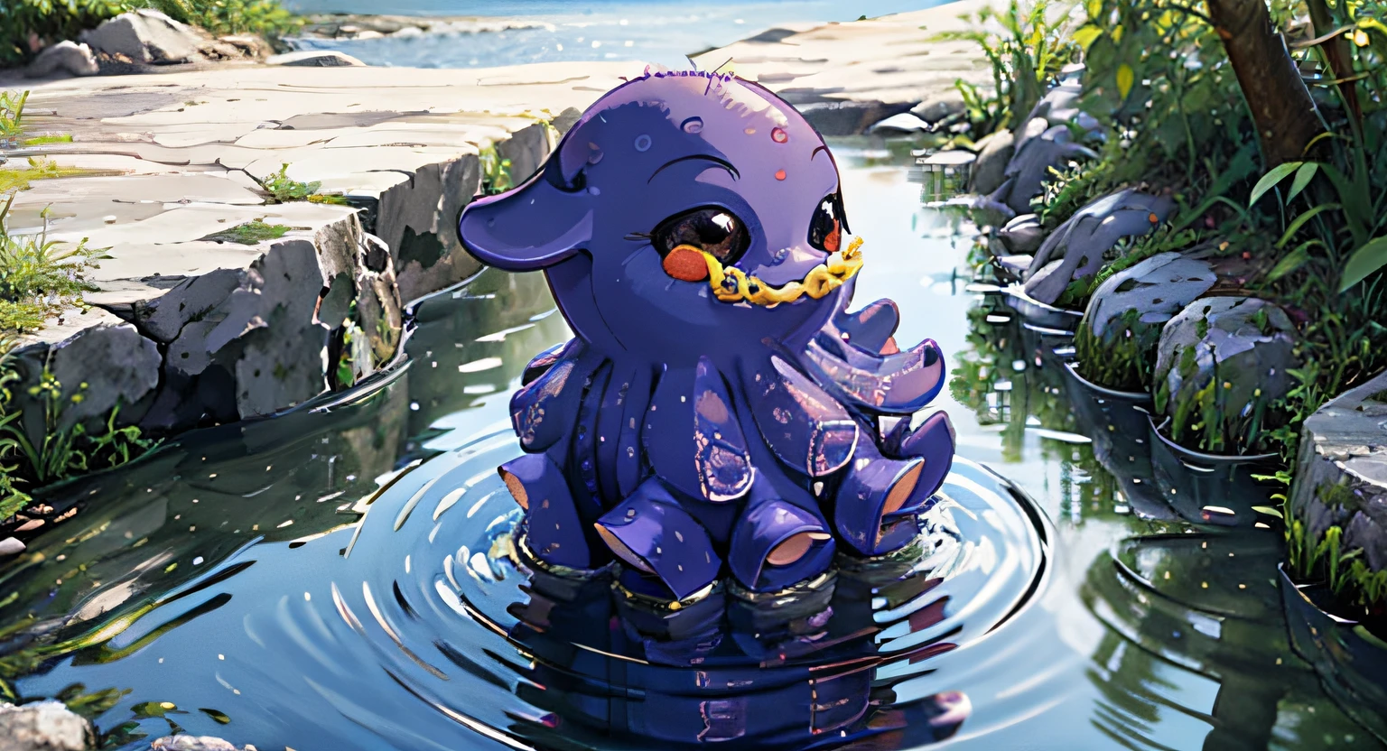Best quality at best，Complicated details，A high resolution，（beautiful detailed  water：1.4），（Cute little purple octopus）