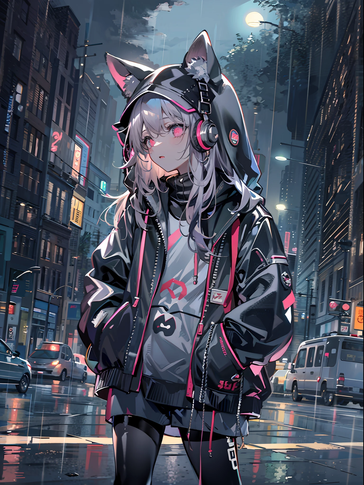 masterpiece, girl alone, solo, incredibly absurd, hoodie, headphones, street, outdoor, rain, neon,