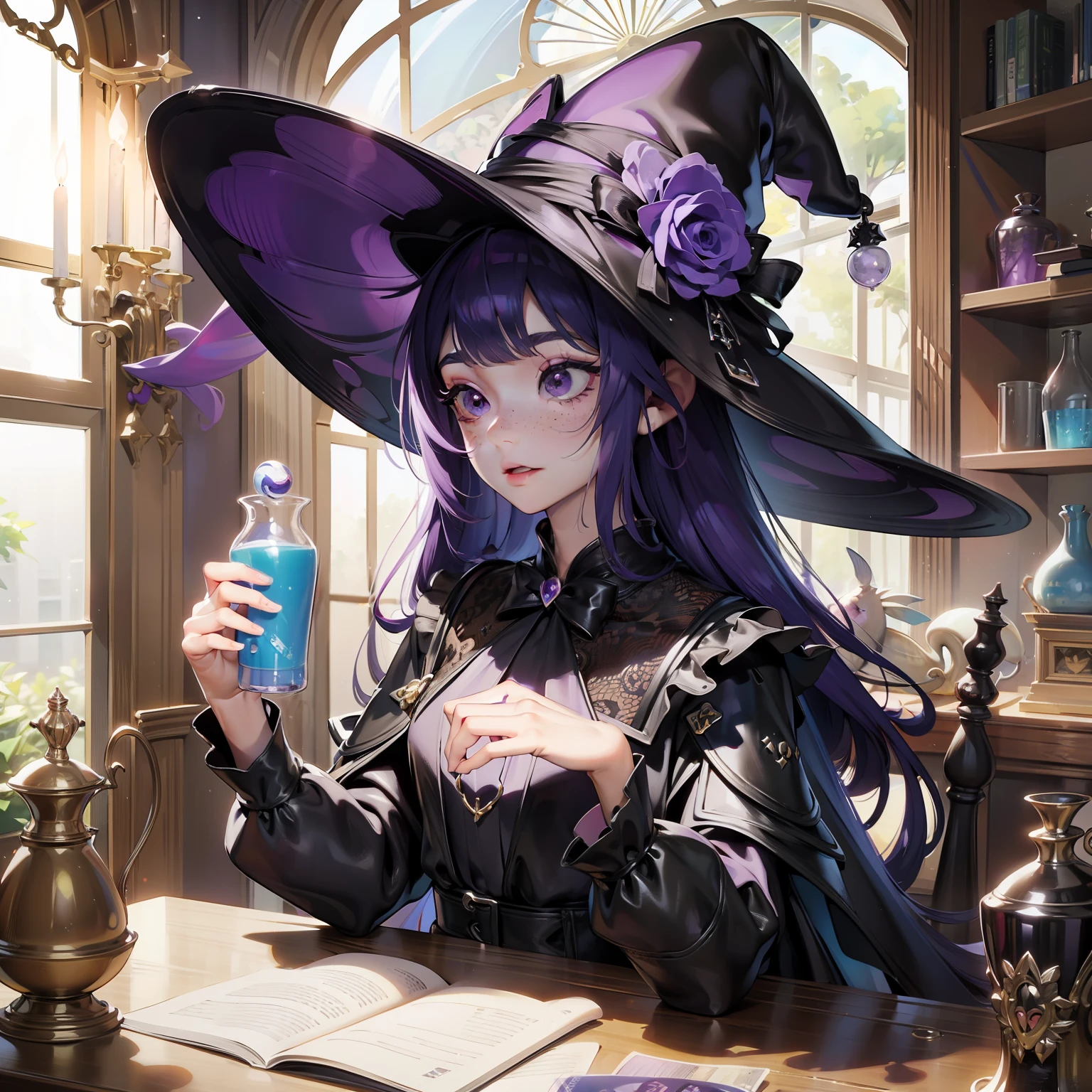 masterpiece, best quality, photo realistic, asda, face, 1girl, head, thick plump lips, small mouth, pastel purple hair,standing ,shiny skin, beautiful large anime eyes, purple eyes, black witch outfit, black with hat, white skin, freckles, teen face, 16 years old, kawaii,