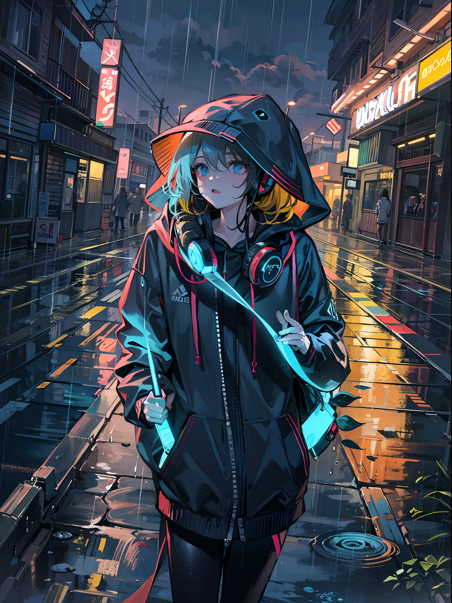 masterpiece, girl alone, solo, incredibly absurd, hoodie, headphones, street, outdoor, rain, neon,