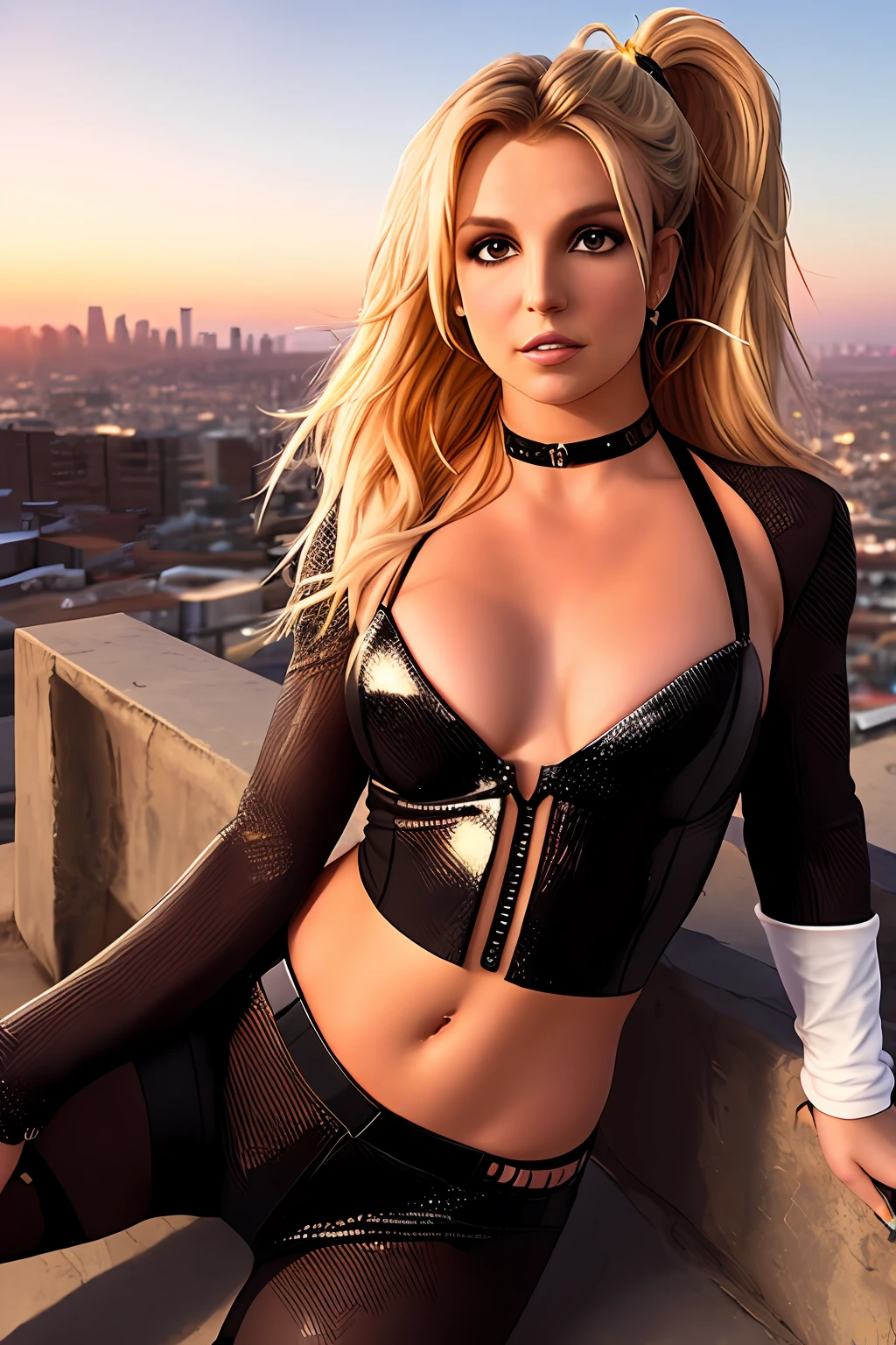 ((Britney Spears)), Mulher de 25 anos, (textura de pele mais realista: 1.2), textura natural da pele, penteado rabo de cavalo (assustado: 1.2), poses de kat sweets, inclinada, foto sexy, roupa e vestido, nvinkpunk Cidade cyberpunk detalhada , sunset light room