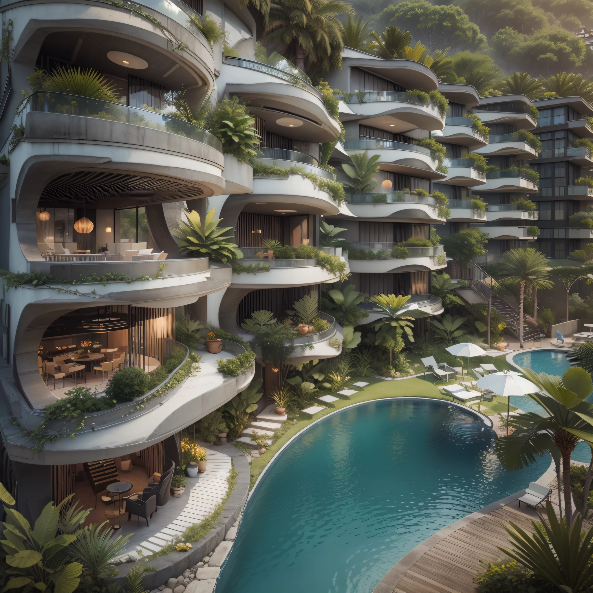 Grande hotel, Arquitetura futurista, building in the background, Architecture of a dark gray concrete building, madeira e vidro, Building with large lawn on the beach, Arquitetura moderna, grande piscina em frente ao hotel, restaurante interior com grandes fachadas em vidro, grandes candeeiros no interior, lots of vegetation around, hotel  com 120 quartos, Arquitetura moderna, organic architecture, Geometria luxuosa, hiper-realista, Fantastic 8K architecture, UHD — AR 16: