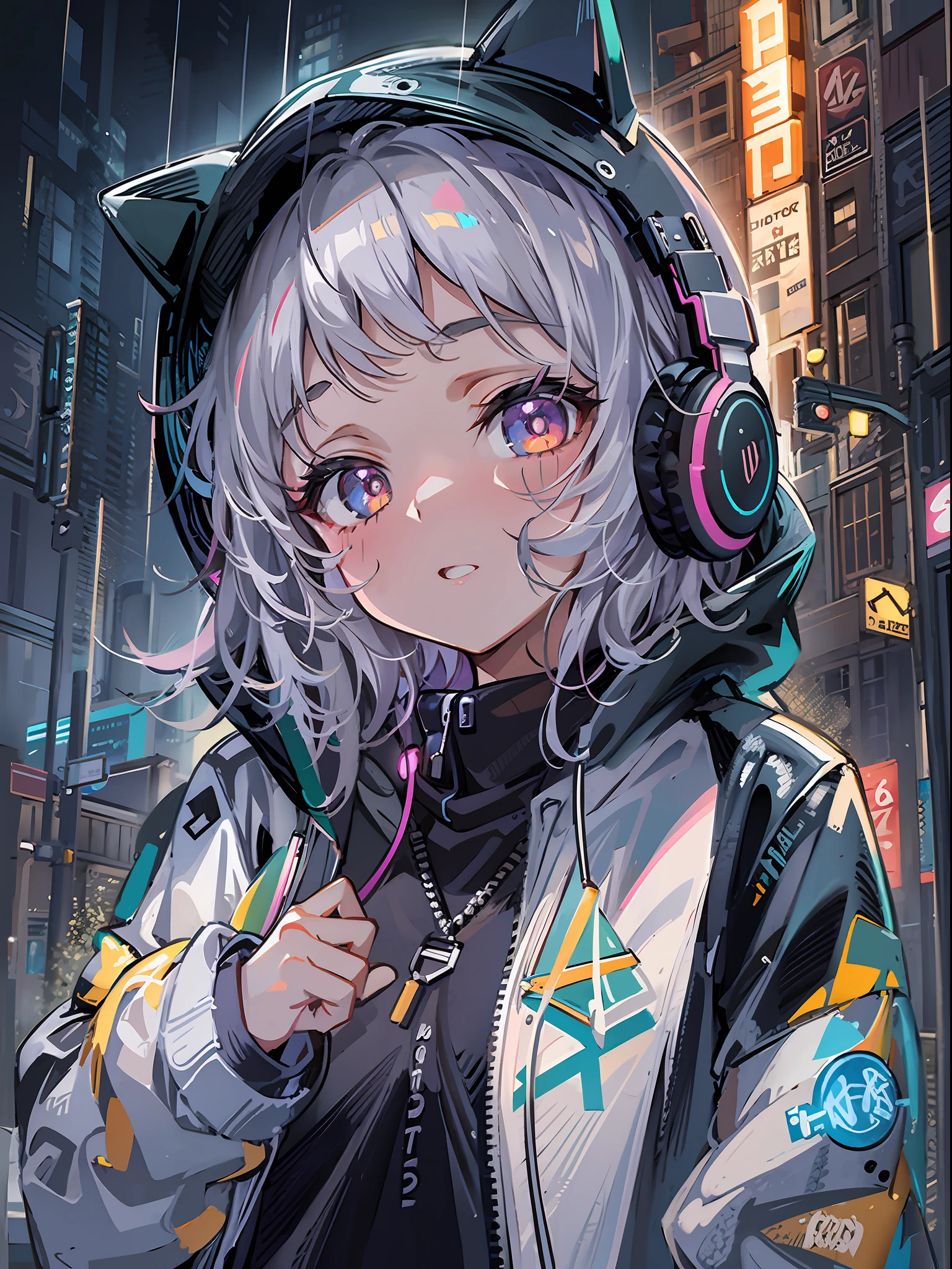 masterpiece, girl alone, solo, incredibly absurd, hoodie, headphones, street, outdoor, rain, neon,