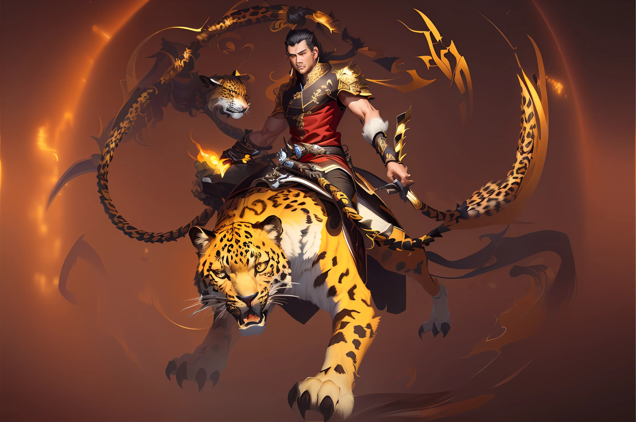 There was a man riding a leopard,Homem de meia idade,With a whip in his hand, Shengong Leopard,G Liulian art style, cgsociety and fenghua zhong,Remove the background