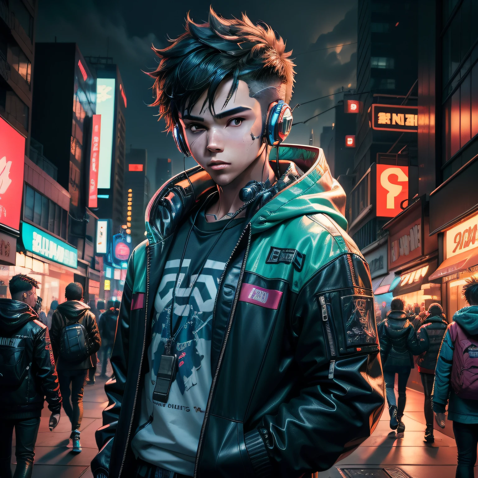 Best quality at best,illustratio,Boy wearing headphones and jacket in the city, Digital cyberpunk, Cyberpunk boy,, Male cyberpunk, Cyberpunk boys wear hoodies, Digital cyberpunk, Cyberpunk art of a, Cyberpunk art of a,8K,Konachan wallpaper, Fantastic cyberpunk boy, Cyberpunk shoujo mech,Smooth face,Blue young boy,18-year-old boy