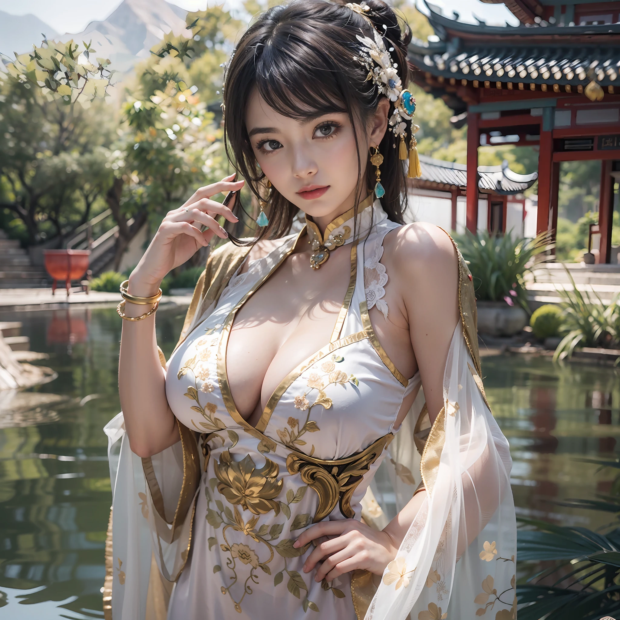 NSFW,very sexy girl,breasts focus,Full body shot,pose sexy,Ancient Chinese palace garden,sentado em frente a um lago,Exquisite embroidery modified short-sleeved high-cut sexy cheongsam,Modified short-sleeved high-forked cheongsam with delicate embroidery,Seductive smile, Tulle veil, Black hair, Brown eyes,Hime cut,Delicate headgear, Tassel earrings, Gold bracelet, Original photo, Unbelievably ridiculous, Perfect proportions, Very detailed eyes and face, Elaborate Eyes, exquisite face,huge breasts ,big breasts, Delicate texture, Delicate skin texture, gloss on the skin, Perfect body, perfectfingers, Perfect toes, Best Masterpiece, Very detailed CG uniform 8k wallpaper, Excellent work, Surreal characters, RAW photo, photograph realistic,hdr, Ultra-high resolution graphics, Perfect photography,
