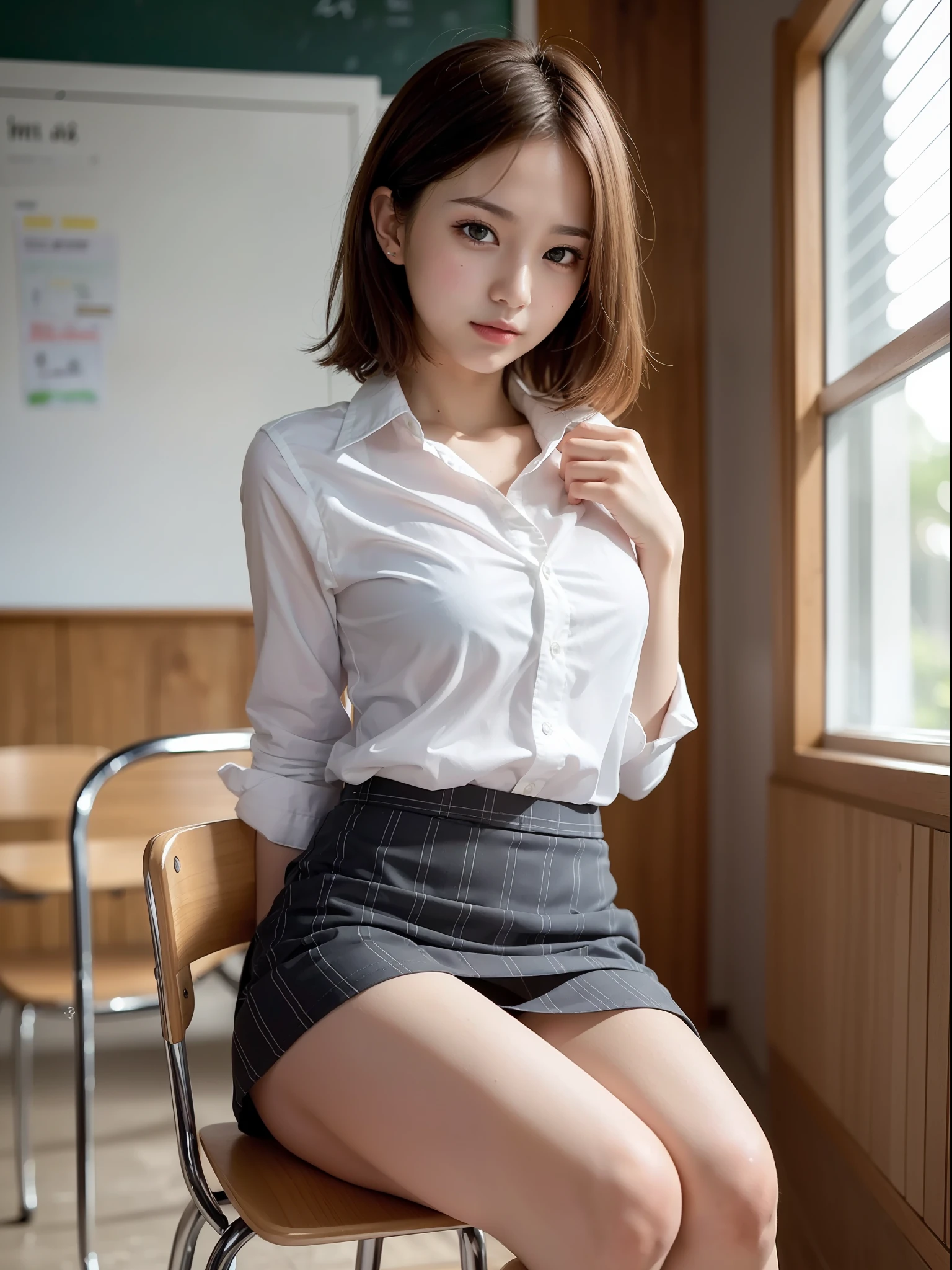 ((top quality, 8k, masterpiece: 1.3, raw photo)), Sharp Focus: 1.2, (1 aespa girl: 1.2), (Realistic, Photorealistic: 1.37), (face focus: 1.1), cute face, ultra detailed face, small breasts, flat chest, brunette short messy hair, (white business shirt: 1.2), Skirt Boldly Pulled Up With Your Hands ((Sit on a Chair and Open Your Legs Wide)), beautiful girl sitting at the classroom, sunlight, movie lighting