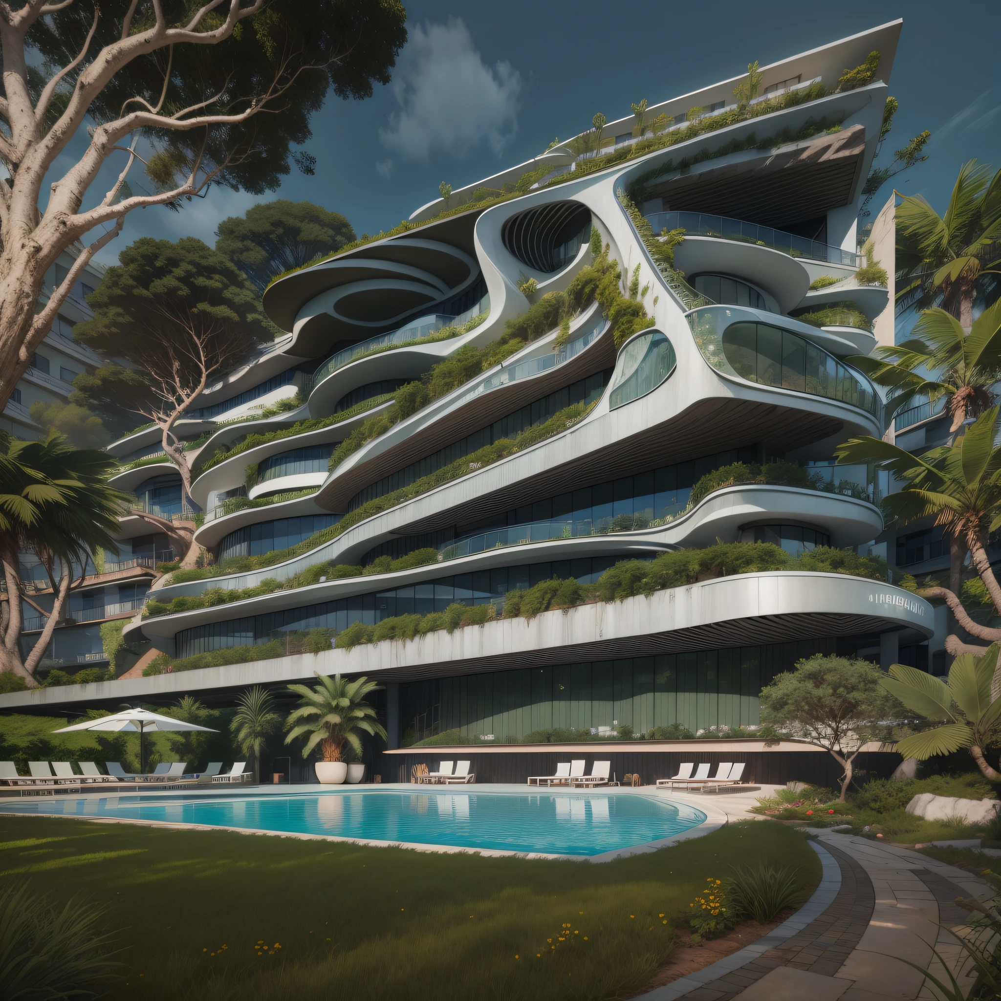 Grande hotel, Arquitetura futurista, building in the background, Architecture of a dark gray concrete building, madeira e vidro, Building with large lawn on the beach, Arquitetura moderna, grande piscina em frente ao hotel, restaurante interior com grandes fachadas em vidro, grandes candeeiros no interior, lots of vegetation around, hotel com 120 quartos, Arquitetura moderna, organic architecture, Geometria luxuosa, hiper-realista, Fantastic 8K architecture, UHD — AR 16: