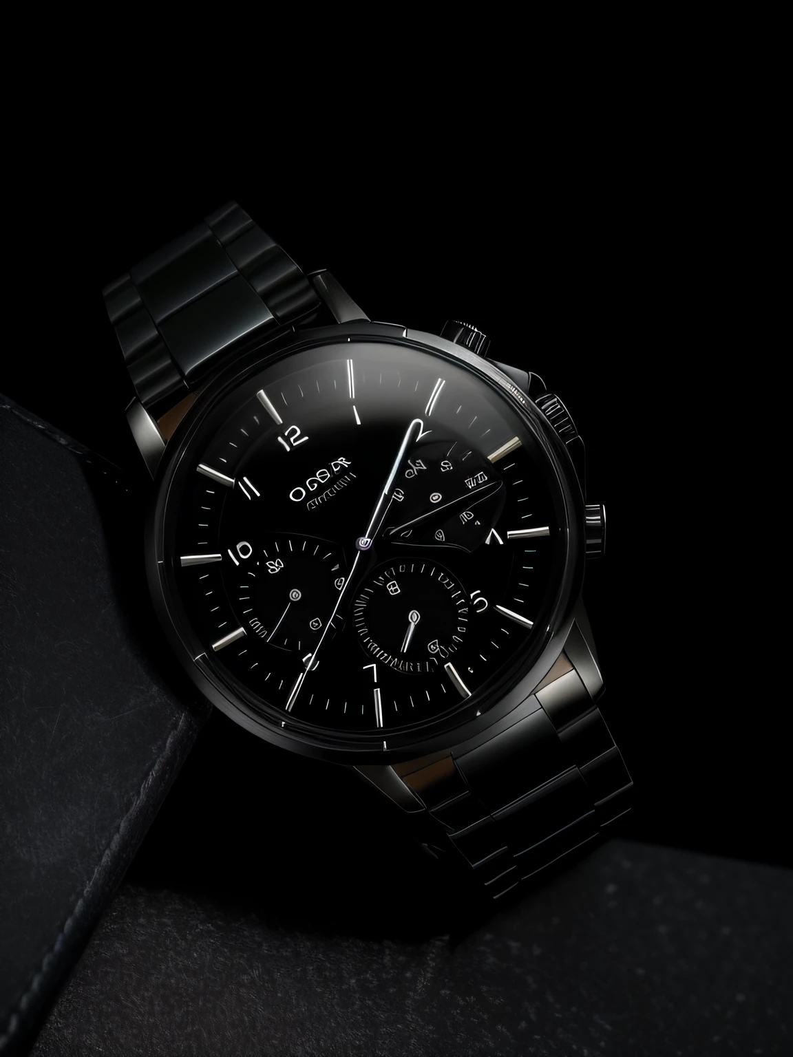 Close-up of watch on black strap, exquisite black accessories, all black matte product, Watches, Wearing a watch, black on black, f / 2 0, wears a watch, detailled image, taken with sony alpha 9, functional and elegant look, classic vibes, Black tones, f / 3 2, black matte finish, advertisement picture, F 2 0
