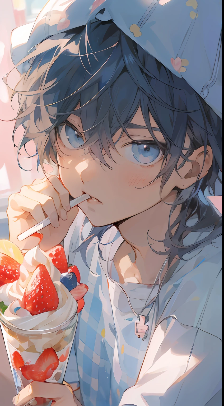 Anime boy with strawberries and strawberries in a cup, 2 d anime style, anime style 4 k, Anime Boy, Detailed Digital Anime Art, clean detailed anime art, Detailed key anime art, anime art wallpaper 4k, anime art wallpaper 4k, detailed anime character art, anime moe art style, detailed fan art, 4k anime wallpaper, 4 k manga wallpaper