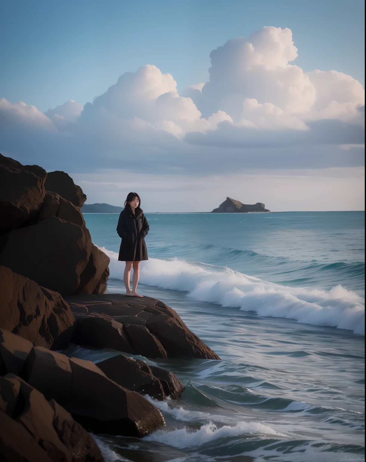 There was a woman standing on a rock by the water, Have by the sea, near a jetty, standing next to water, standing on the sea side, wenfei ye, standing at the beach, Wu Liu, inspired by Liu Haisu, author:Julian, In a sea, posing on a beach with the ocean, xue han, wei wang, Chen Zezhou