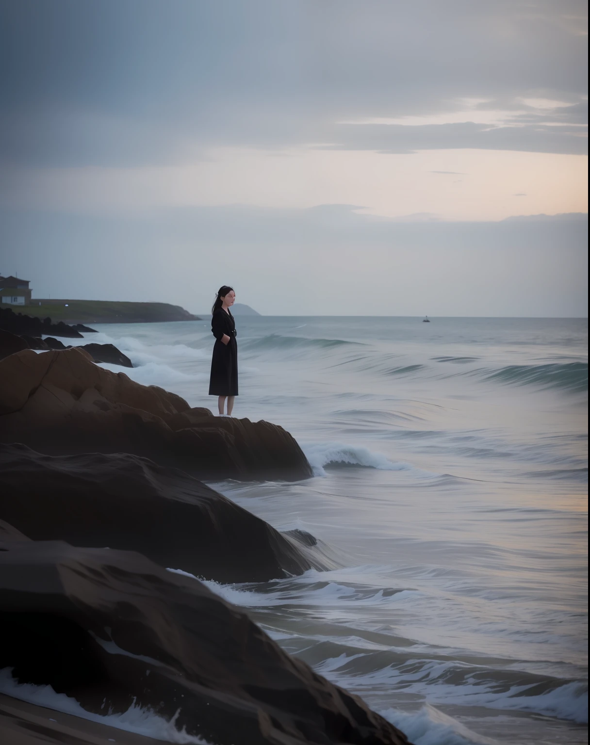 There was a woman standing on a rock by the water, Have by the sea, near a jetty, standing next to water, standing on the sea side, wenfei ye, standing at the beach, Wu Liu, inspired by Liu Haisu, author:Julian, In a sea, posing on a beach with the ocean, xue han, wei wang, Chen Zezhou