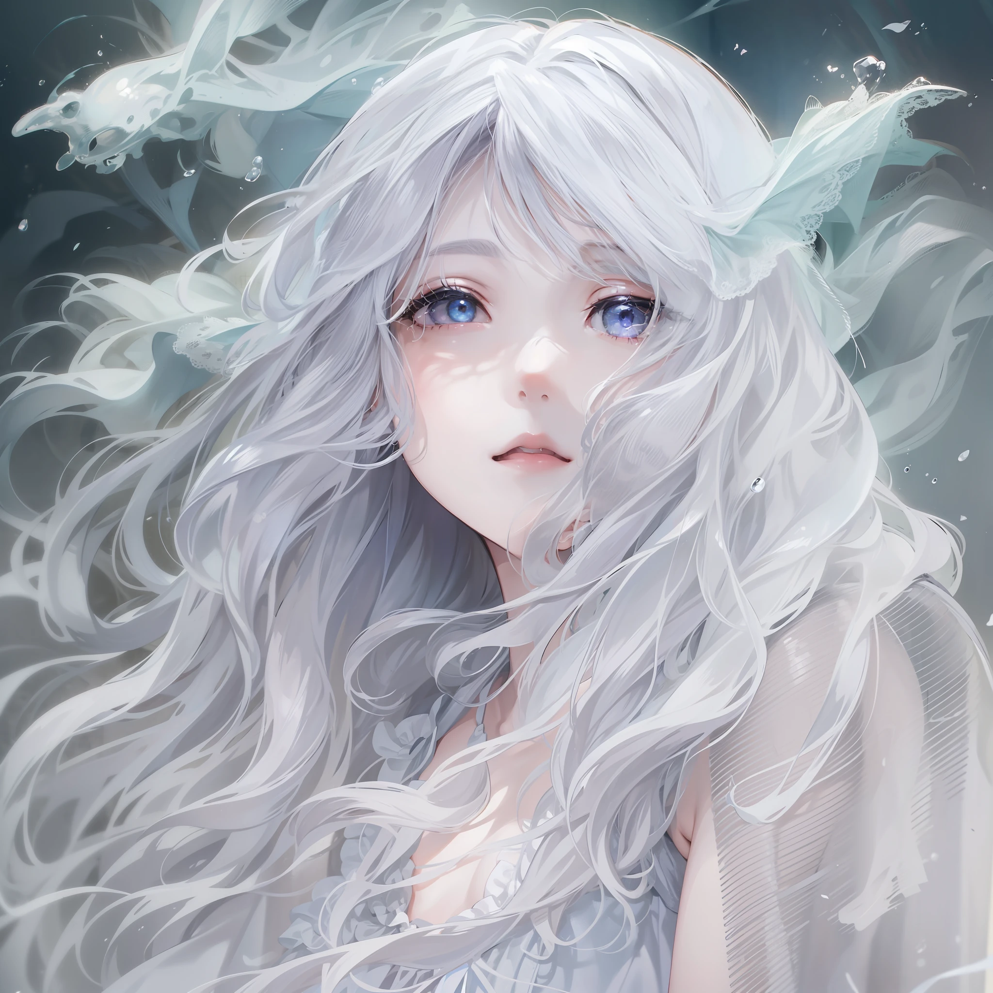 Girl in a dream。I have long silver hair。I'm dressed as a ghost。I'm looking languidly。It is an illustration of the highest quality。It is a beautiful illustration。Wearing a white cloth